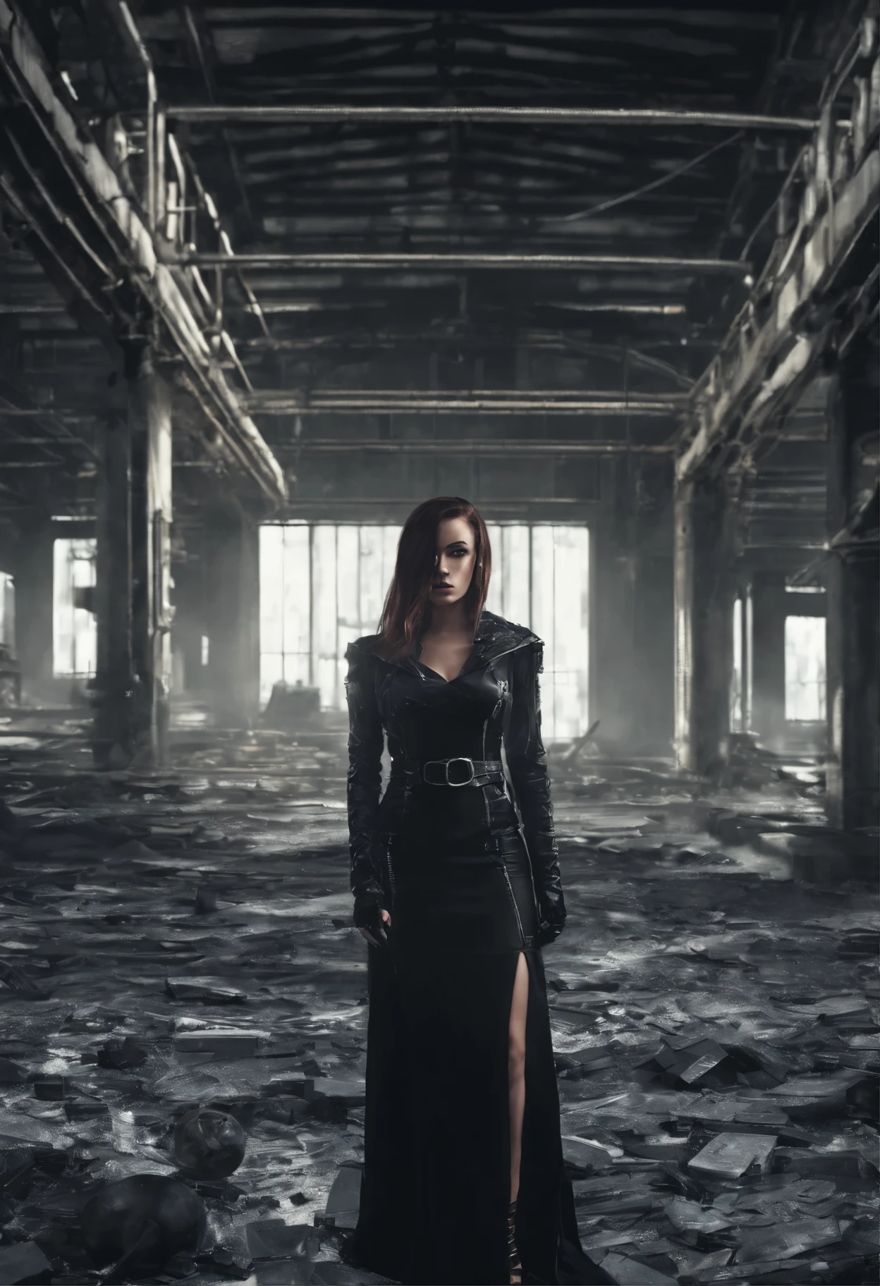 a woman in a black dress standing in a room with broken glass, seductive cyberpunk dark fantasy, gothic and futuristic, beautiful cyberpunk woman model, beautiful female neuromancer, cyborg fashion model, fashionable futuristic woman, woman in a dark factory, cinematic goddess shot, cyborg fashion shot, alluring mesmer woman, dark beauty, beautiful alluring female cyborg