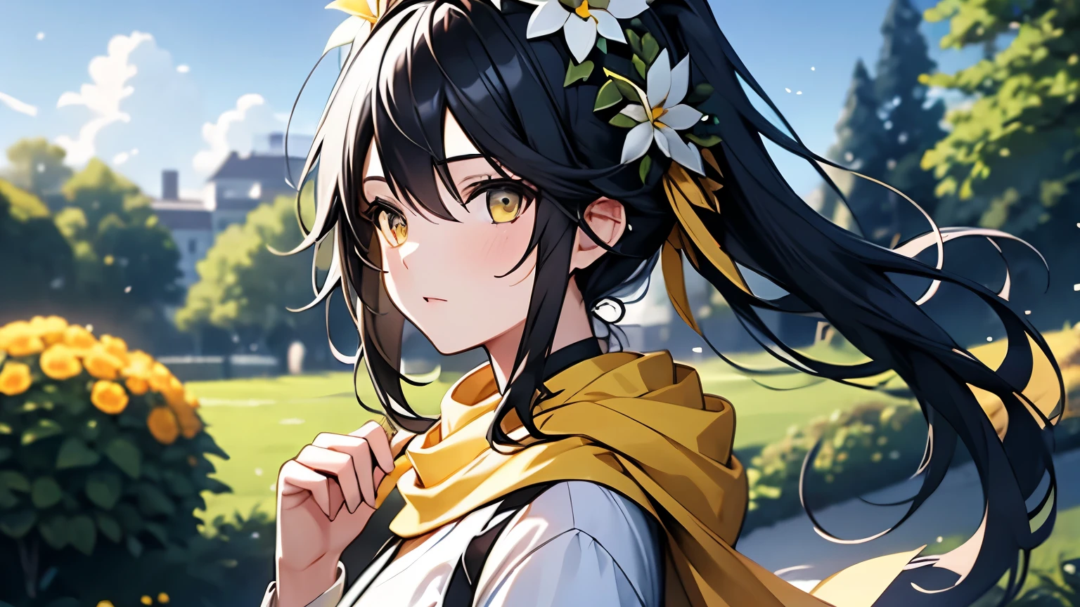 a girl with a black hair and white and yellow outfit and in a garden background, wearing flower crown, (1girl:0.872), (black hair:0.758), (blurry:0.926), (blurry background:0.703), (yellow eyes:0.562), (depth of field:0.625), (ponytail hair:0.855), (outdoors:0.541), (yellow scarf:0.989), (solo:0.886), (upper body:0.683)