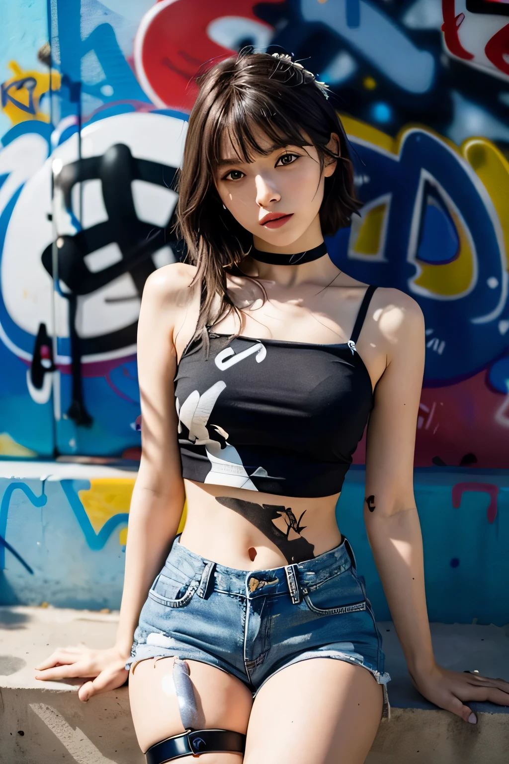 tmasterpiece， Best quality at best， 独奏， short crop top， denim short， choker necklace， （scribbles：1.5）， paint splatter， place one's arms behind one's back， against a wall， looking at viewert，（Hand holding spray paint：1.5） armlets， thigh band， Paint on the body， tilt of the head， having fun， Hair color， Water-colored eyes， Earphone，(graffiti wall:1.5)（Full body like；1.5）