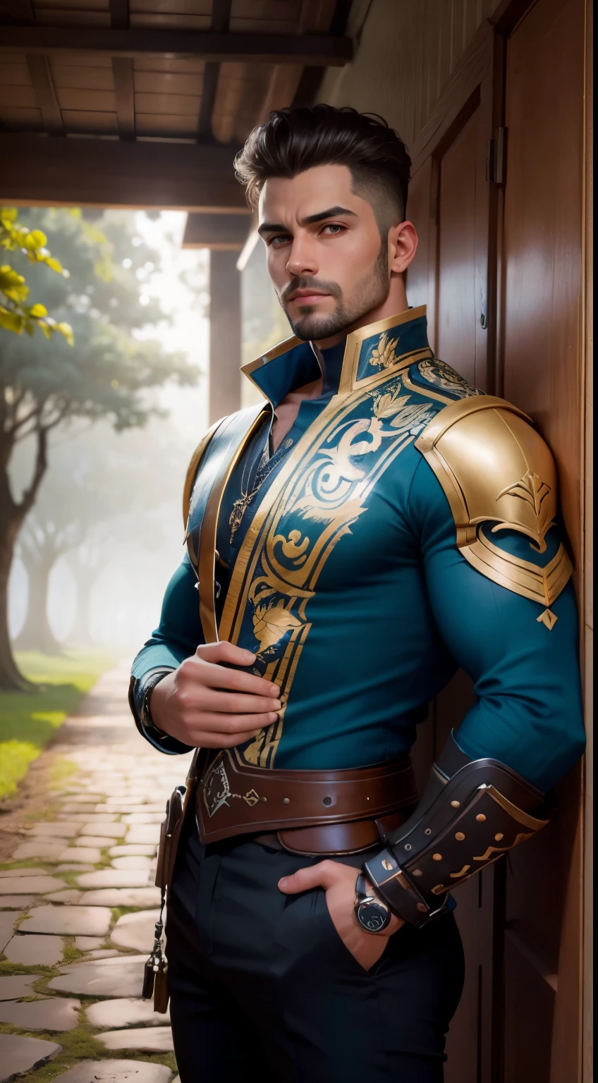 Photo of a handsome man standing in front of an enigmatic door waits at the end of a winding path, vestindo a intrincada Armadura de Gelo, adornado com trepadeiras crescidas e emanando um brilho sobrenatural. Estrada de Pedra, fog, fantasia, epic, peitorais largos, voltar, Realista, obra de arte, detalhes intrincados, detailed voltarground, profundidade de campo,