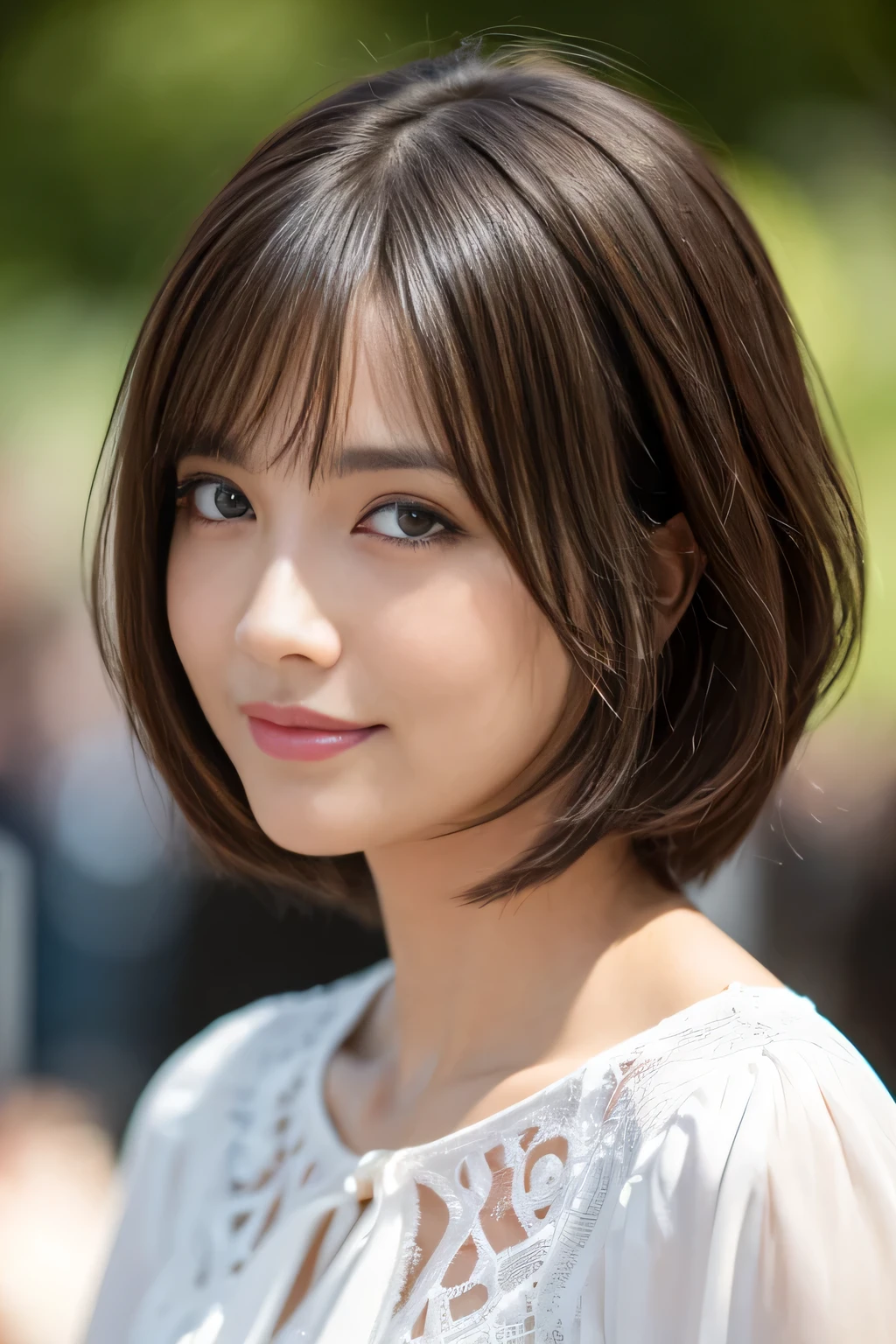 (RAW photo), (Photoreal), (masterpiece), (highest quality), High resolution, 8K resolution, (intricate details), (light with volume), portrait, woman, 40 years, short hair, straight hair, layered hair, brown haired, highly detailed eyes, ordering sauce, highly detailed eyebrows, highly detailed skin, highly detailed mouth, highly detailed nose, cute like an idol, smile, ((thick lips)), ((look at the audience)), (classy blouse)