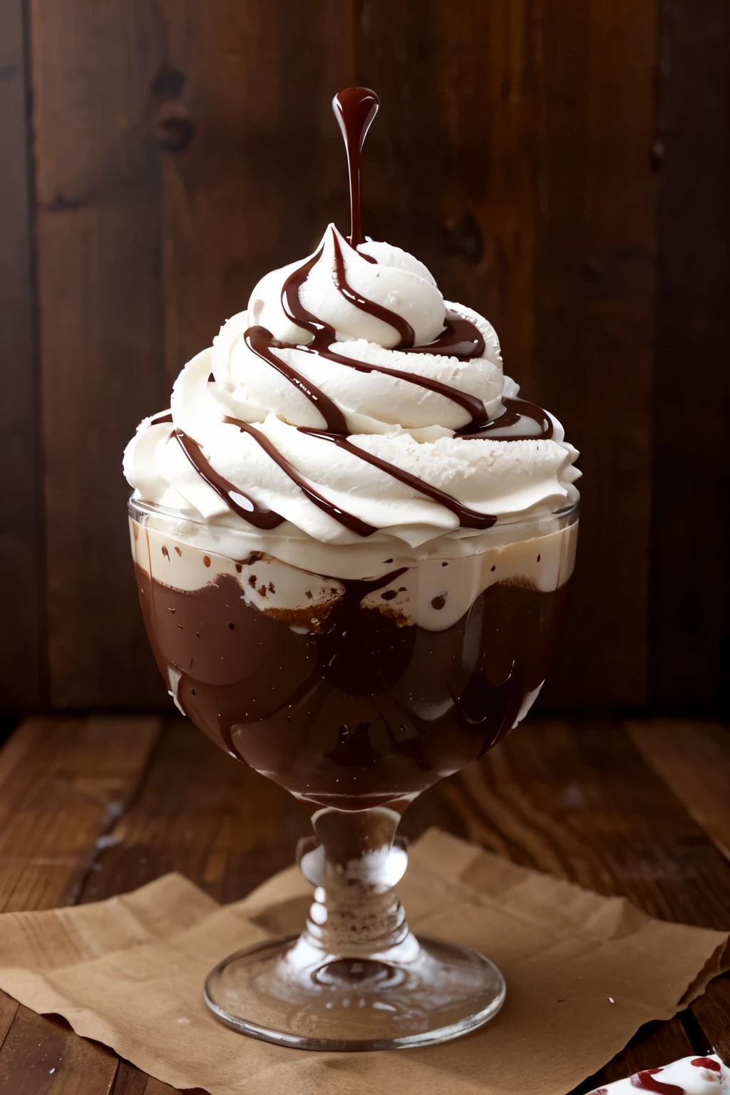 Ice cream Sunday, chocolate fudge dripping down on the side of the glass, whipped cream, and a cherry on top.