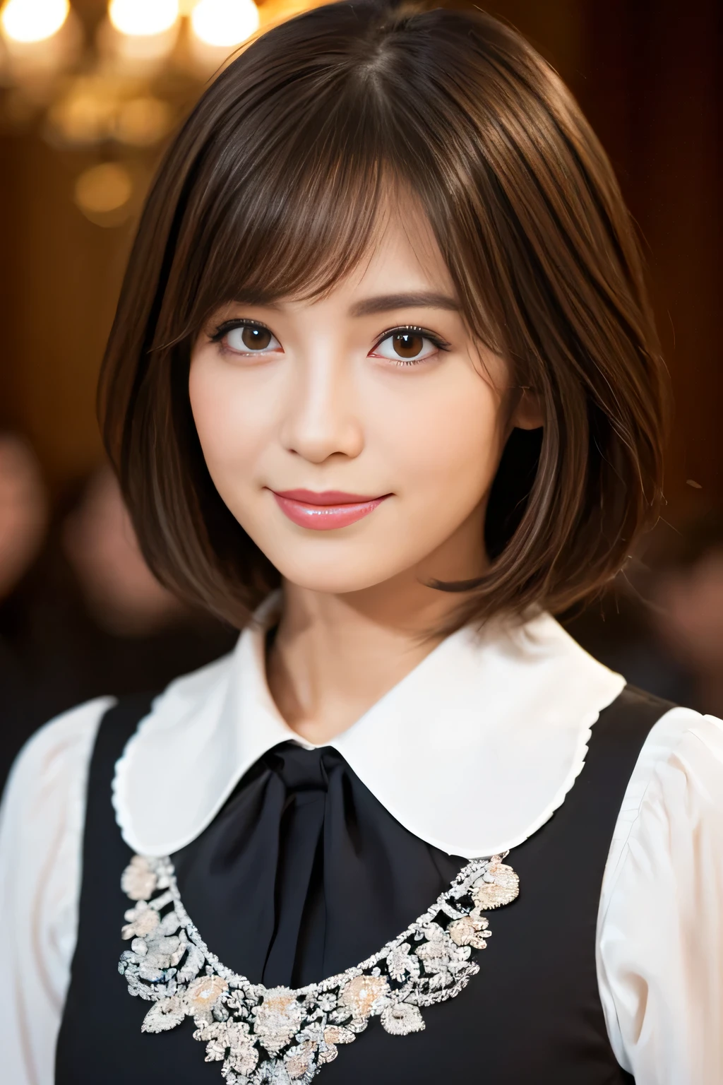 (RAW photo), (Photoreal), (masterpiece), (highest quality), High resolution, 8K resolution, (intricate details), (light with volume), portrait, woman, 40 years, short hair, straight hair, layered hair, brown haired, highly detailed eyes, ordering sauce, highly detailed eyebrows, highly detailed skin, highly detailed mouth, highly detailed nose, cute like an idol, smile, ((thick lips)), ((look at the audience)), (classy blouse)