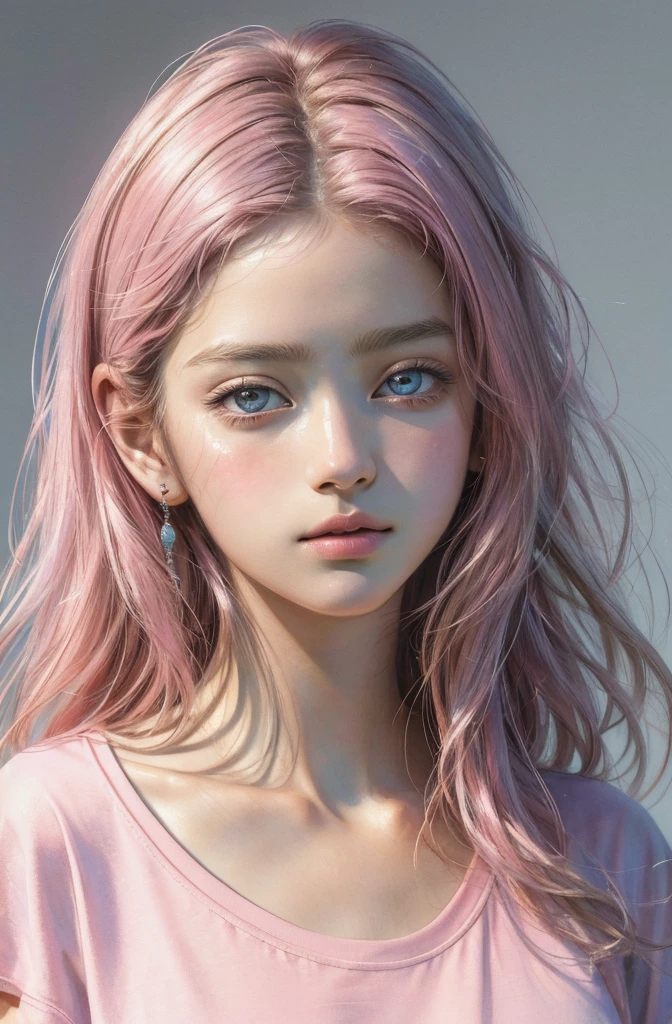 (masterpiece),(best quality:1.1),(ultra-detailed),best illustration,finely detail,(portrait:1.1),(intense close-up),watercolor drawing)floating,1girl,solo,,slim,(extremely delicate and beautiful face),(detailed beautiful eyes),pink thick lips,(disheveled hair),(wearing a pink baggy T-shirt),soft and lazy,(simple background:1.2)whole colored background,clear,4K