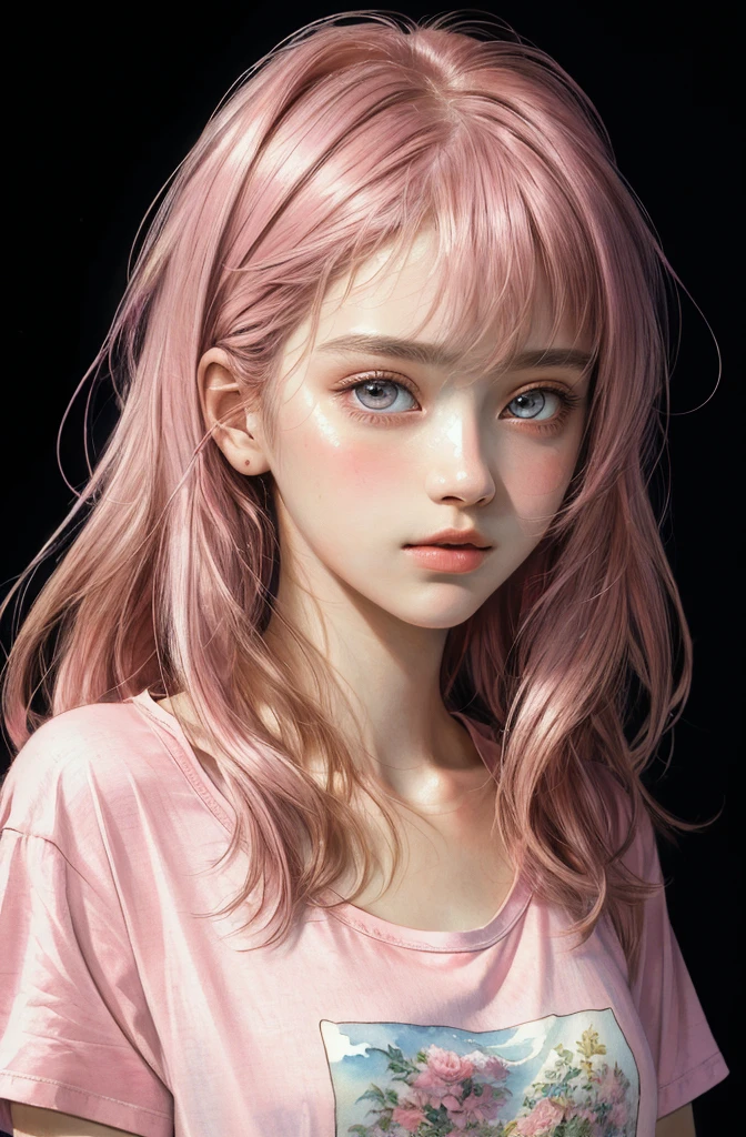 (masterpiece),(best quality:1.1),(ultra-detailed),best illustration,finely detail,(portrait:1.1),(intense close-up),watercolor drawing)floating,1girl,solo,,slim,(extremely delicate and beautiful face),(detailed beautiful eyes),pink thick lips,(disheveled hair),(wearing a pink baggy T-shirt),soft and lazy,(simple background:1.2)whole colored background,clear,4K
