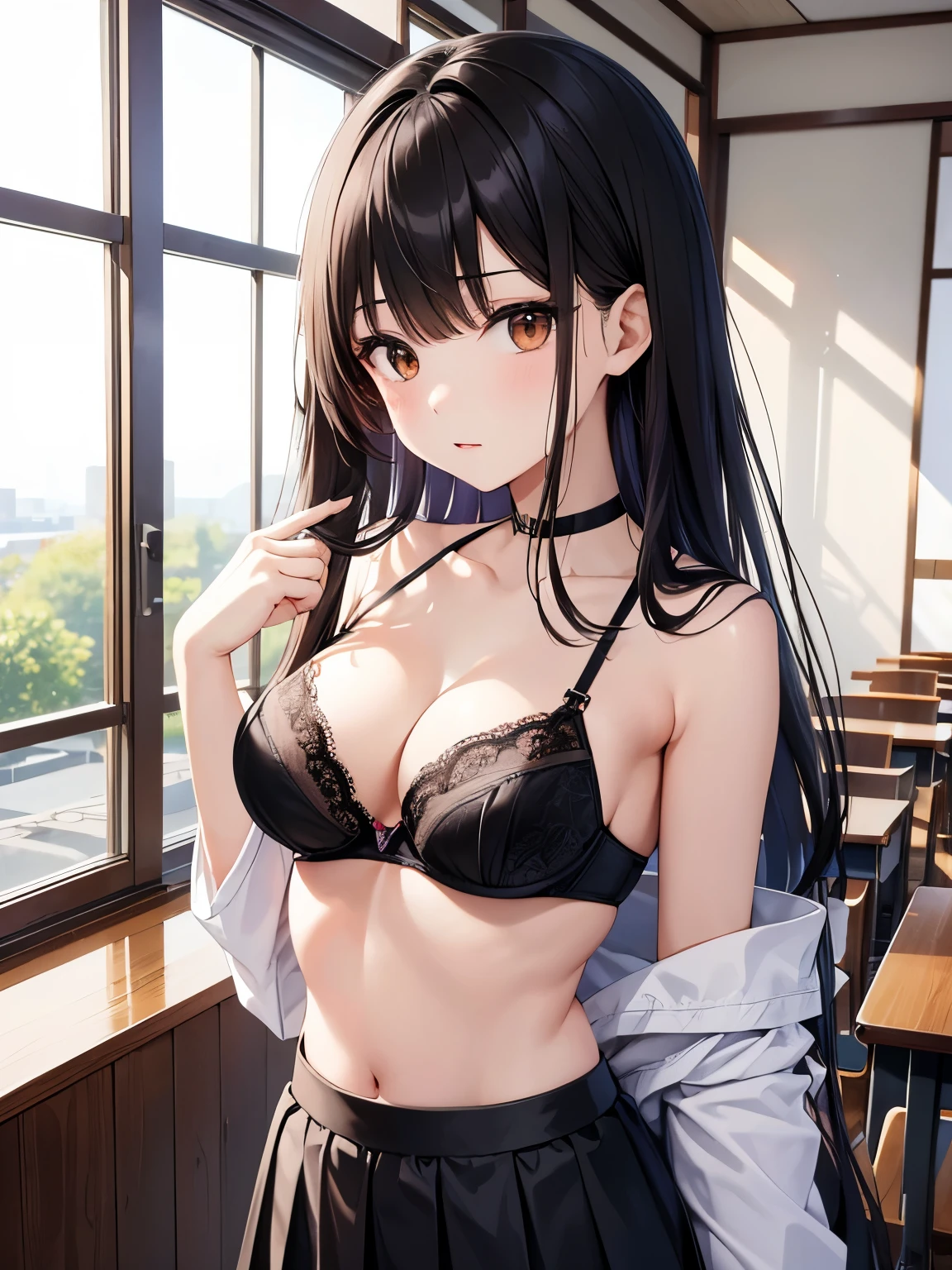 best quality, Japanese、brown eyes、Slender、tall、8k、girl, highres,black hair、long hair、classroom、Lavender bra with lace、Upper body bra only、black skirt、standing position、facing left