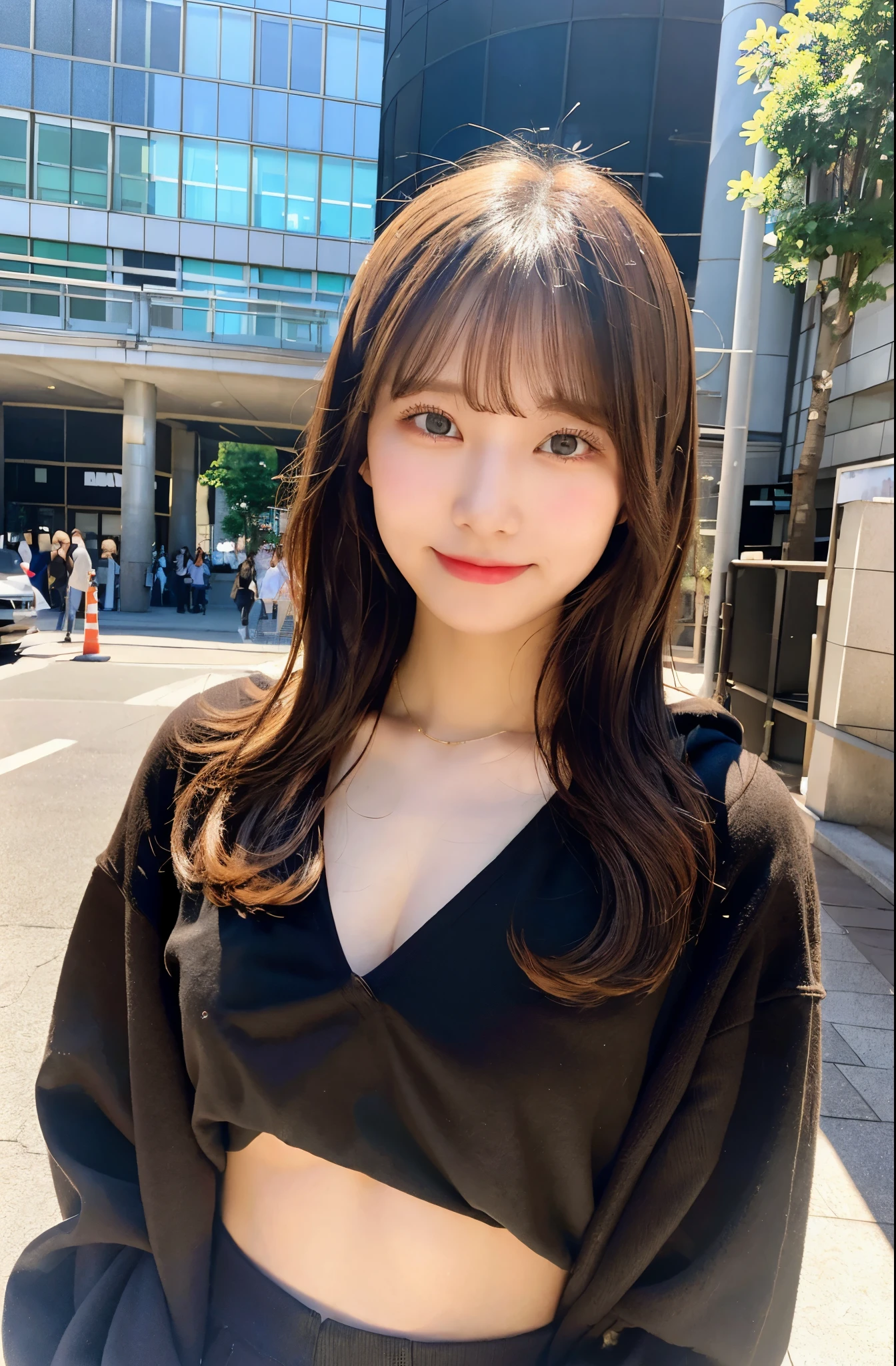 masterpiece, 4k, flat color, Depth of the bounds written, girl with lens flare 1, brown hair, looking at the audience, interior,, Tokyo, Shinjuku, street, smile, big and full breasts, sweating, black pants, black hoodie, sight, small face, bangs.