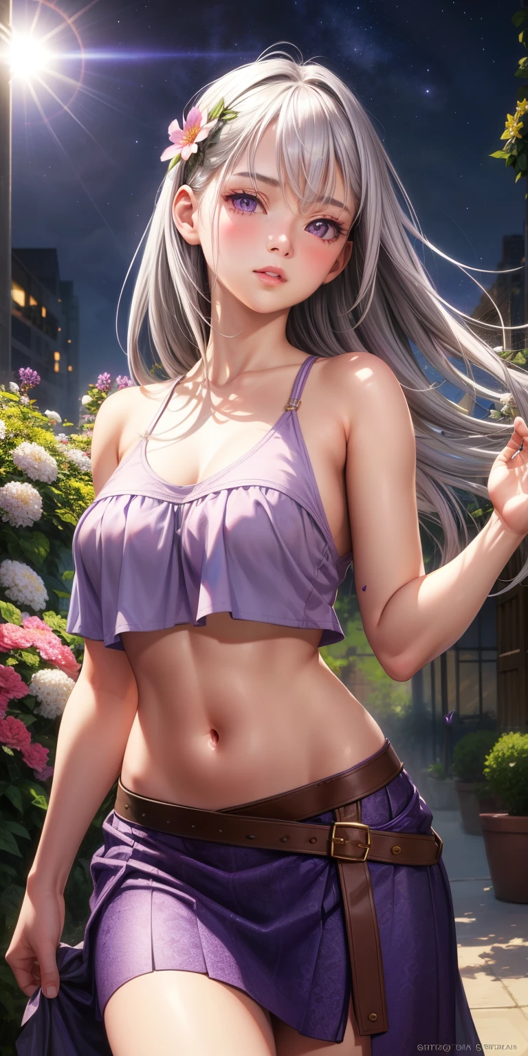 Silver hair, long hair, collarbone, navel, mid-chest, chest groove, wet skin, ray tracing, depth of field, looking at the audience, a girl in pink pajamas in Paris, sporty, pajamas, pajamas, pink pajamas long,