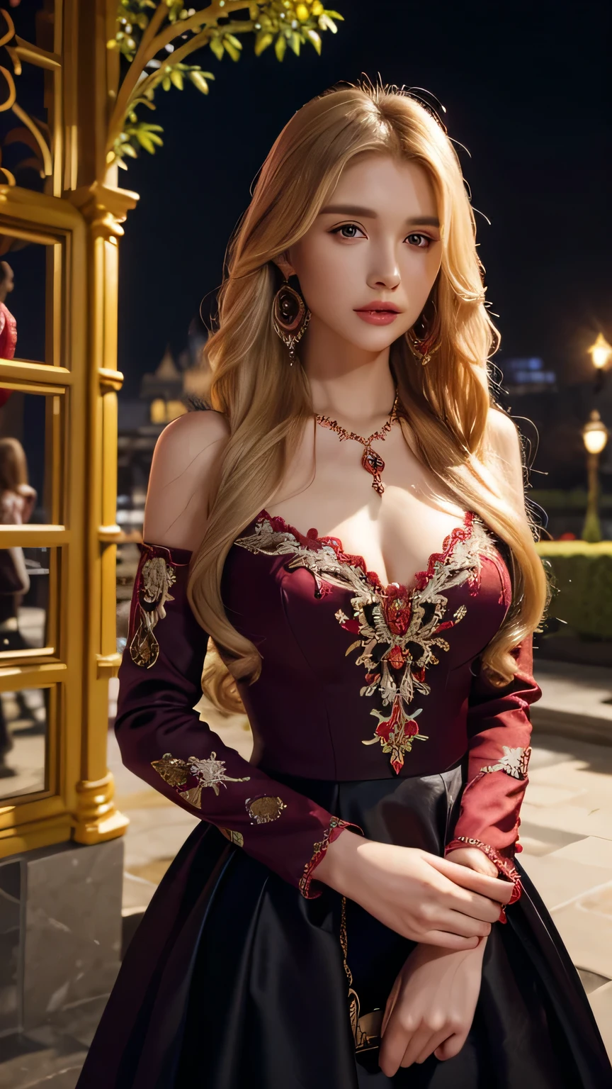 Blonde long-haired woman, black eye, royalty, red and purple dress, red jewelry, red earrings, moon, Noble, lady, high quality, very detailed, detailed face, masterpiece, city, garden, flowers, light