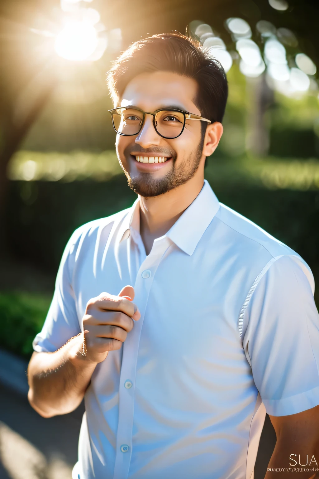 masterpiece,quality,super detailed,8k,Lens flare,sony a7,sigma 50mm f1.4 lenses,realistic,Glasses, stubble, smile, good looking, male, 40, Brazilian