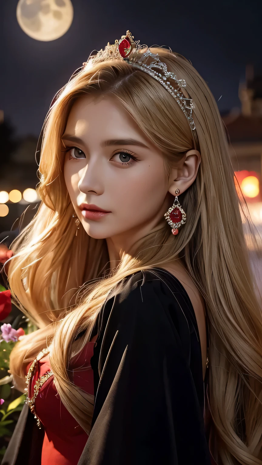 Blonde long-haired woman, black eye, royalty, red and purple dress, red jewelry, red earrings, moon, Noble, lady, high quality, very detailed, detailed face, masterpiece, city, garden, flowers, light