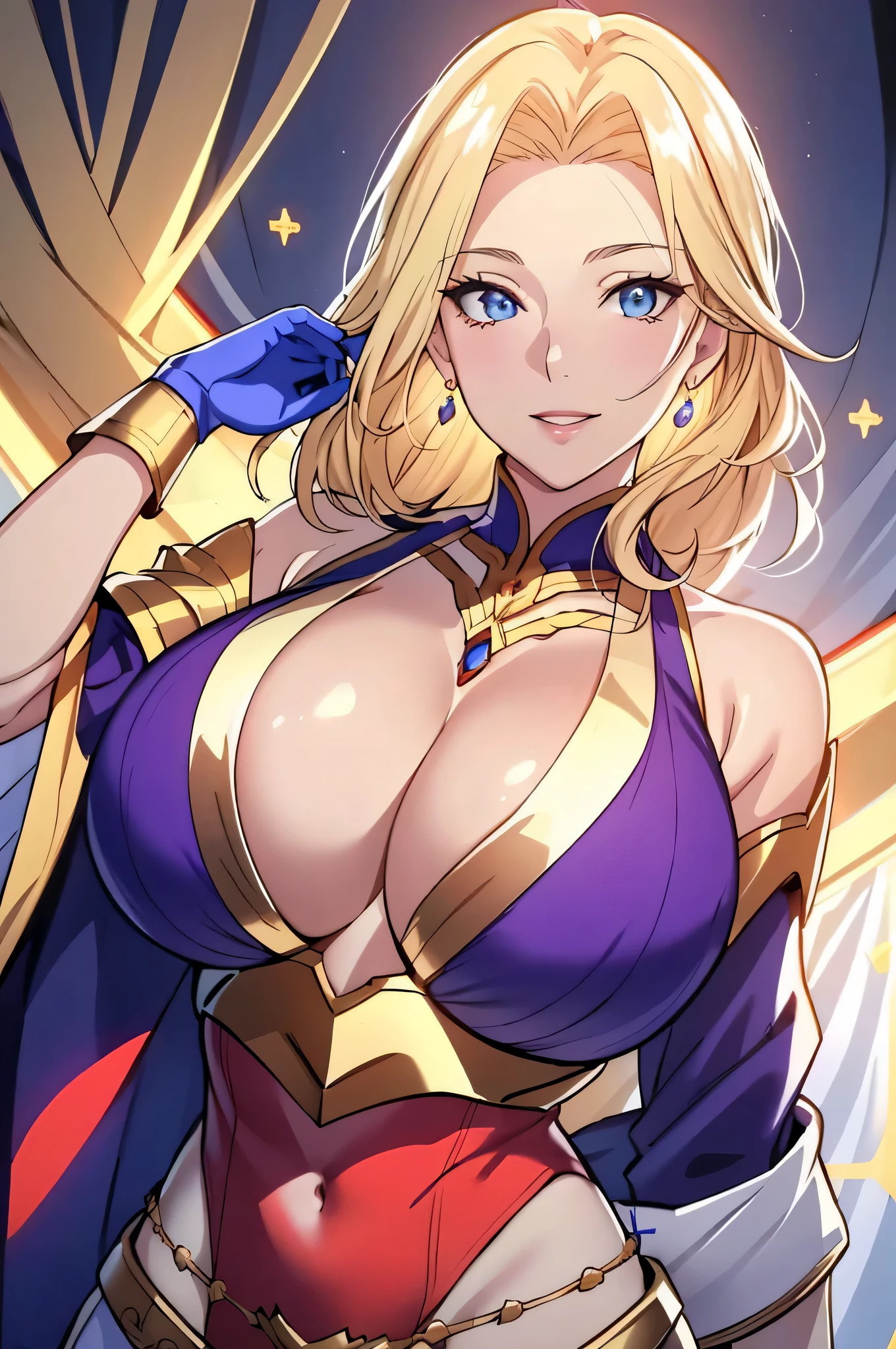 Lian, long blonde hair, hair stick, bangs, blue eyes, solo, smiling, standing, upper body, hips, bare shoulders,purple thighhighs, white dress, gold jewelry,armor,gloves,circlet, cleavage, red and gold royal castle, gigantic breasts, (best quality, masterpiece, beautiful and aesthetic:1.2, highest detailed face, perfect face,)  eyes, perfect face,expressive eyes,
looking at viewer, in the center of the image,(Upper_body),(Focus on her face),
official art,extremely detailed CG unity 8k wallpaper, perfect lighting,Colorful, Bright_Front_face_Lighting,shiny skin, 
(masterpiece:1.0),(best_quality:1.0), ultra high res,4K,ultra-detailed
