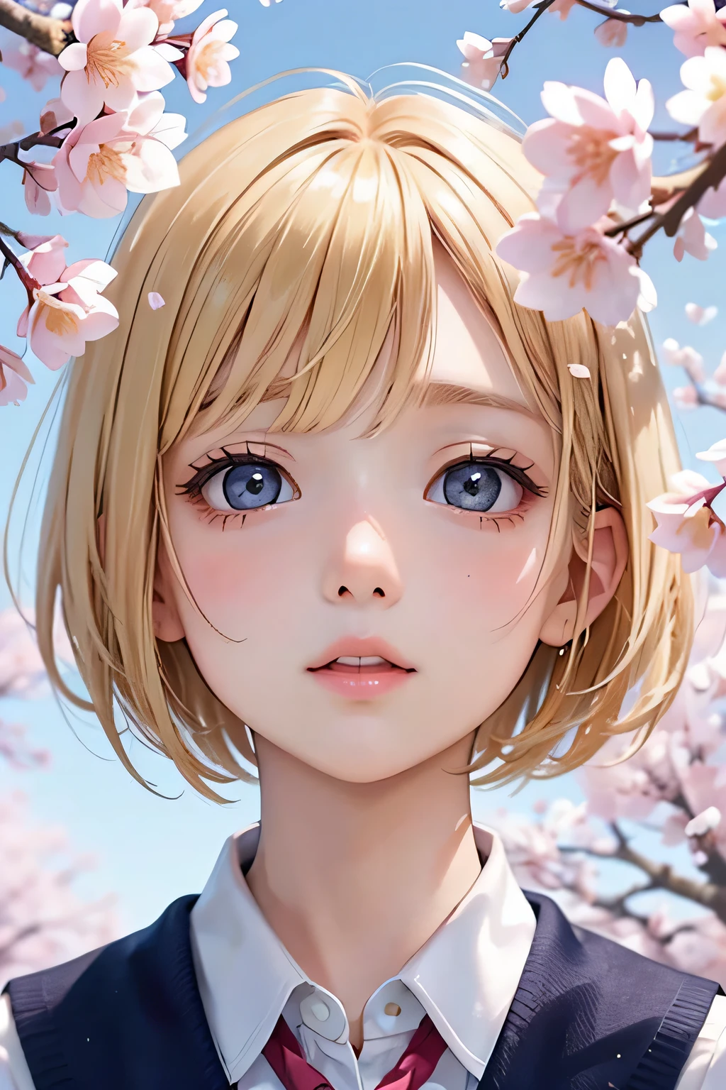 close up of face、blonde、short hair、girl１、school uniform、spring、cherry blossoms、reach out your hand