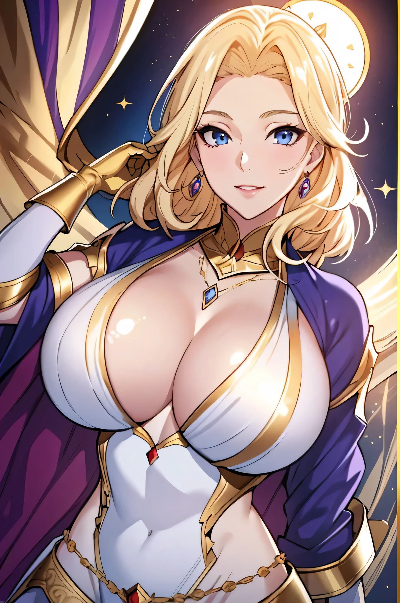 Lian, long blonde hair, hair stick, bangs, blue eyes, solo, smiling, standing, upper body, hips, bare shoulders,purple thighhighs, white dress, gold jewelry,armor,gloves,circlet, cleavage, red and gold royal castle, gigantic breasts, (best quality, masterpiece, beautiful and aesthetic:1.2, highest detailed face, perfect face,)  eyes, perfect face,expressive eyes,
looking at viewer, in the center of the image,(Upper_body),(Focus on her face),
official art,extremely detailed CG unity 8k wallpaper, perfect lighting,Colorful, Bright_Front_face_Lighting,shiny skin, 
(masterpiece:1.0),(best_quality:1.0), ultra high res,4K,ultra-detailed
