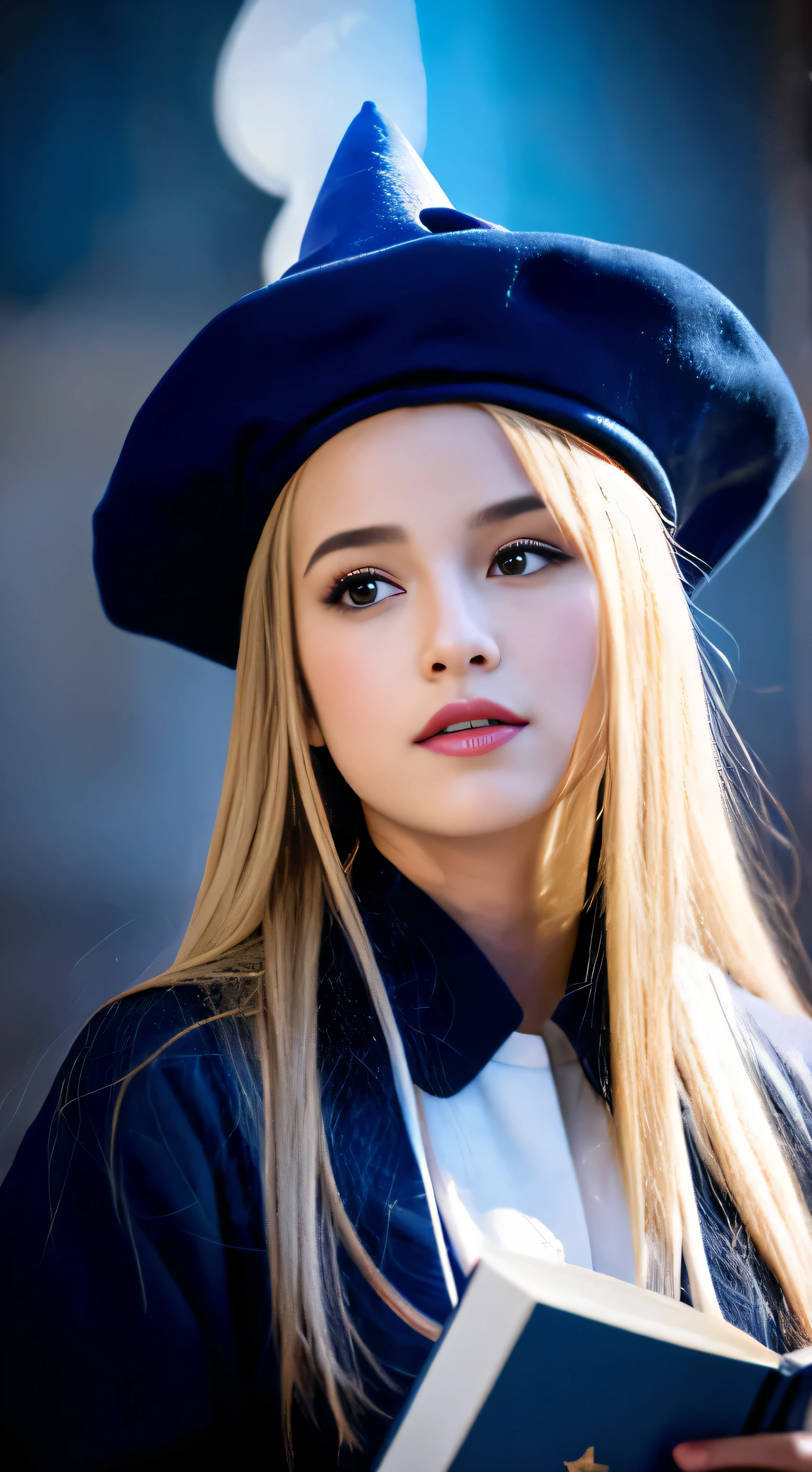 dark magician girl, masterpiece, best quality, (1girl), solo, (water), long hair, blonde hair, blue headwear, wizard hat, spell casting, castle, castle:2, motion blur, book, magic, (moonlight:1.2), chromatic aberration, depth of field, soft lighting, highly detailed face, highly detailed eyes, 