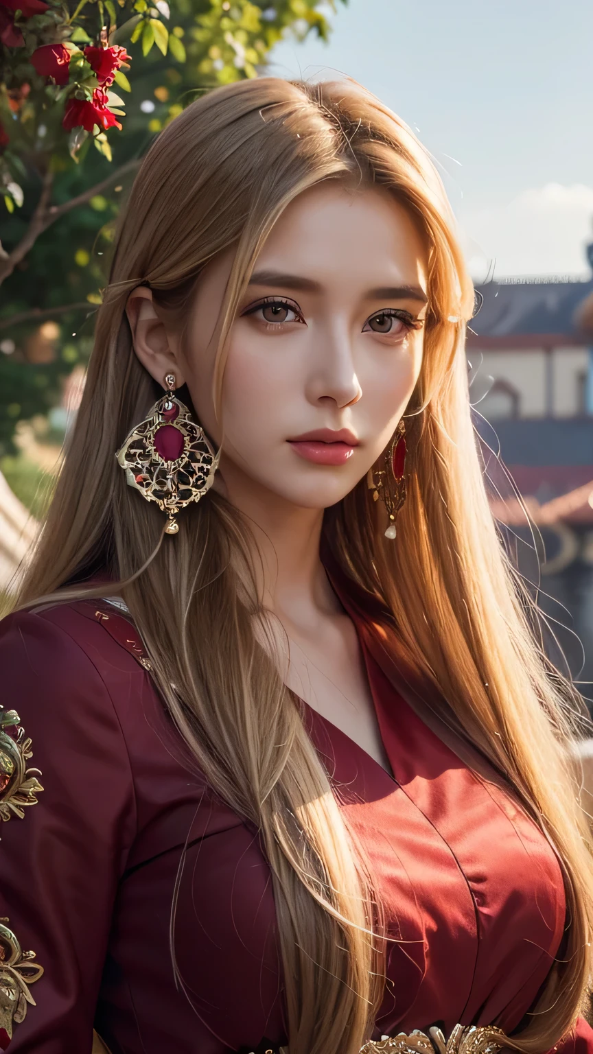 Blonde long-haired woman, black eye, royalty, red and purple dress, red jewelry, red earrings, moon, Noble, lady, high quality, very detailed, detailed face, masterpiece, city, garden, flowers, light