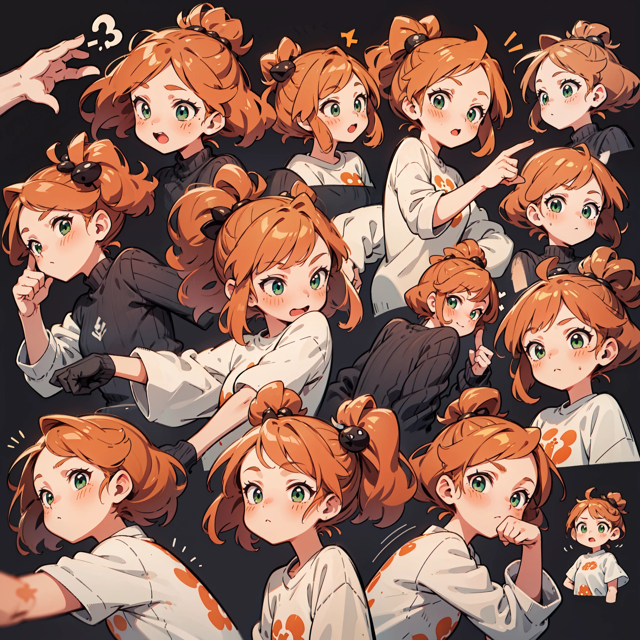 cute girl avatar pack, emoji pack, same girl, red-haired orange hair, green eyes, multiple poses and expressions, white shirt, 4k, masterpiece, best quality, align arrangement