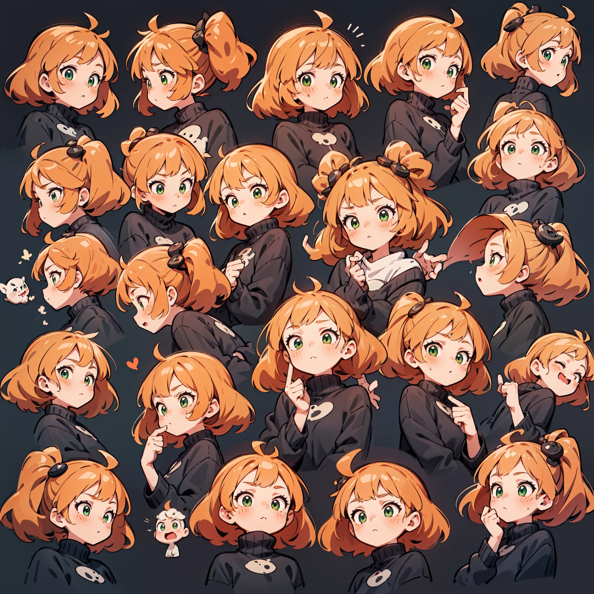 cute girl avatar pack, emoji pack, same girl, red-haired orange hair, green eyes, multiple poses and expressions, white shirt, 4k, masterpiece, best quality, align arrangement