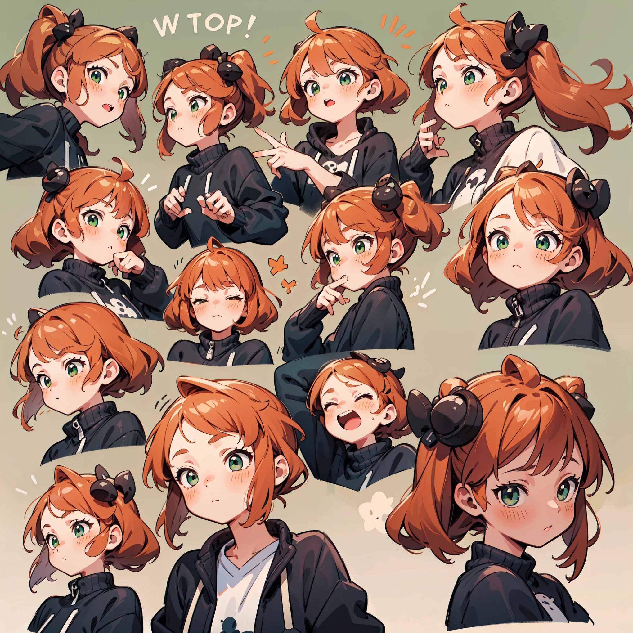 cute girl avatar pack, emoji pack, same girl, red-haired orange hair, green eyes, multiple poses and expressions, white shirt, 4k, masterpiece, best quality, align arrangement