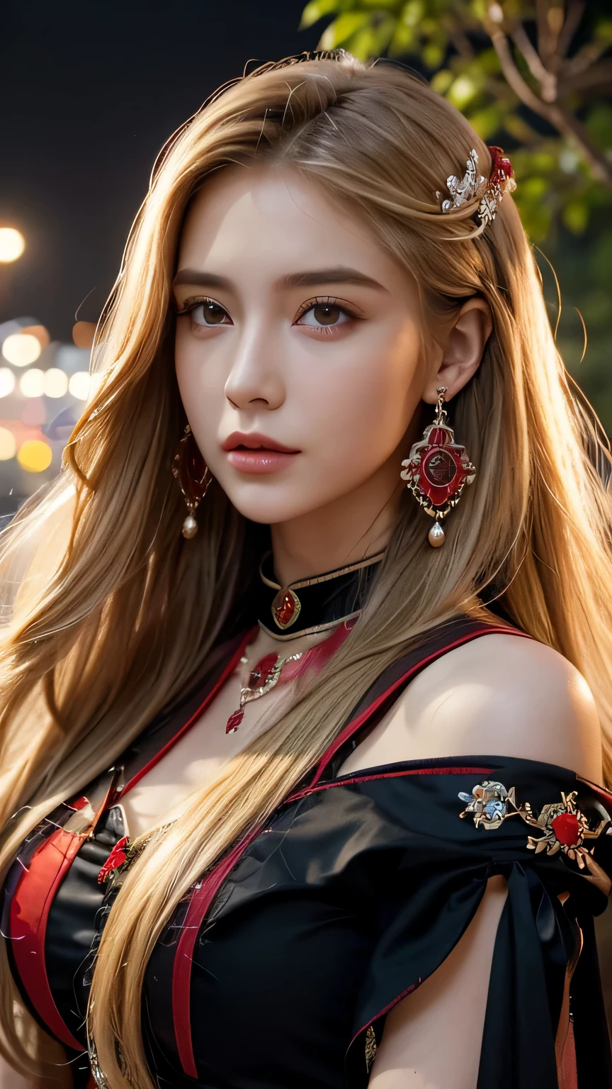 Blonde long-haired woman, black eye, royalty, red and purple dress, red jewelry, red earrings, moon, Noble, lady, high quality, very detailed, detailed face, masterpiece, city, garden, flowers, light