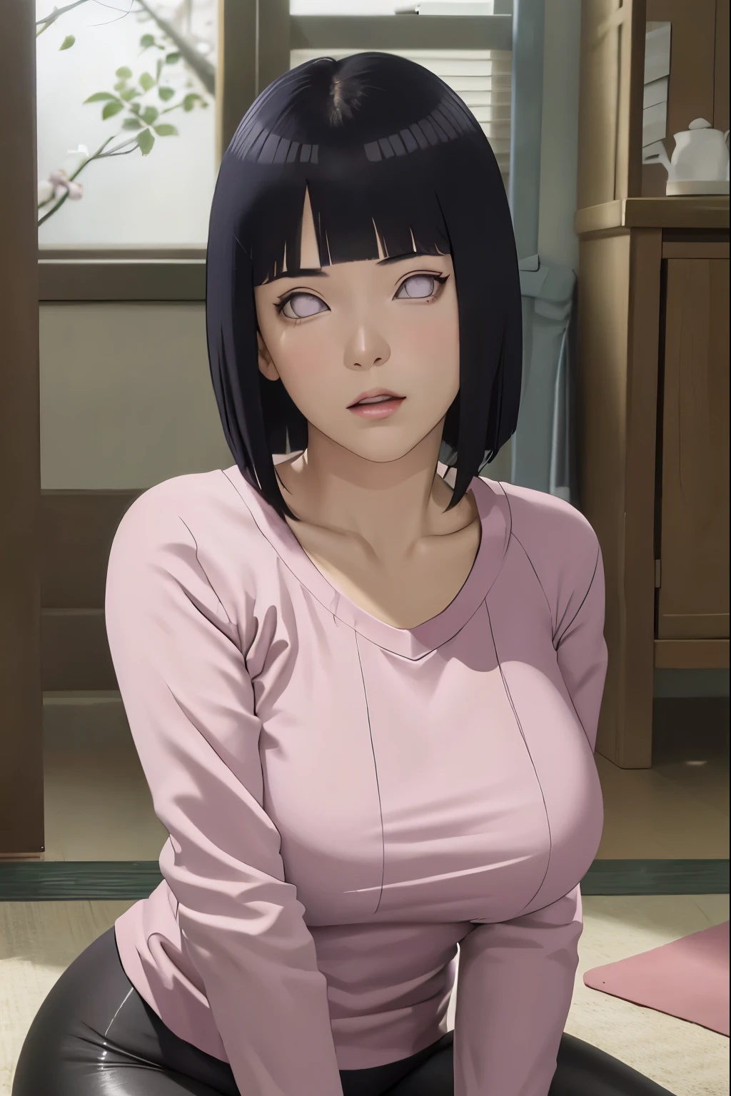 masterpiece, absurdres, hinata\(boruto\), 1girl, solo,mature female, tight t-shirt vneck, Longsleeve, cleavage, legging, yoga pants, looking at viewer, (falling petals), perfect composition, detailed lips, big breast, beautiful face, body propotion, blush, (pink lips), long hair,  purple eyes,  soft gaze,  super realistic, detailed, photoshoot, realistic face and body,