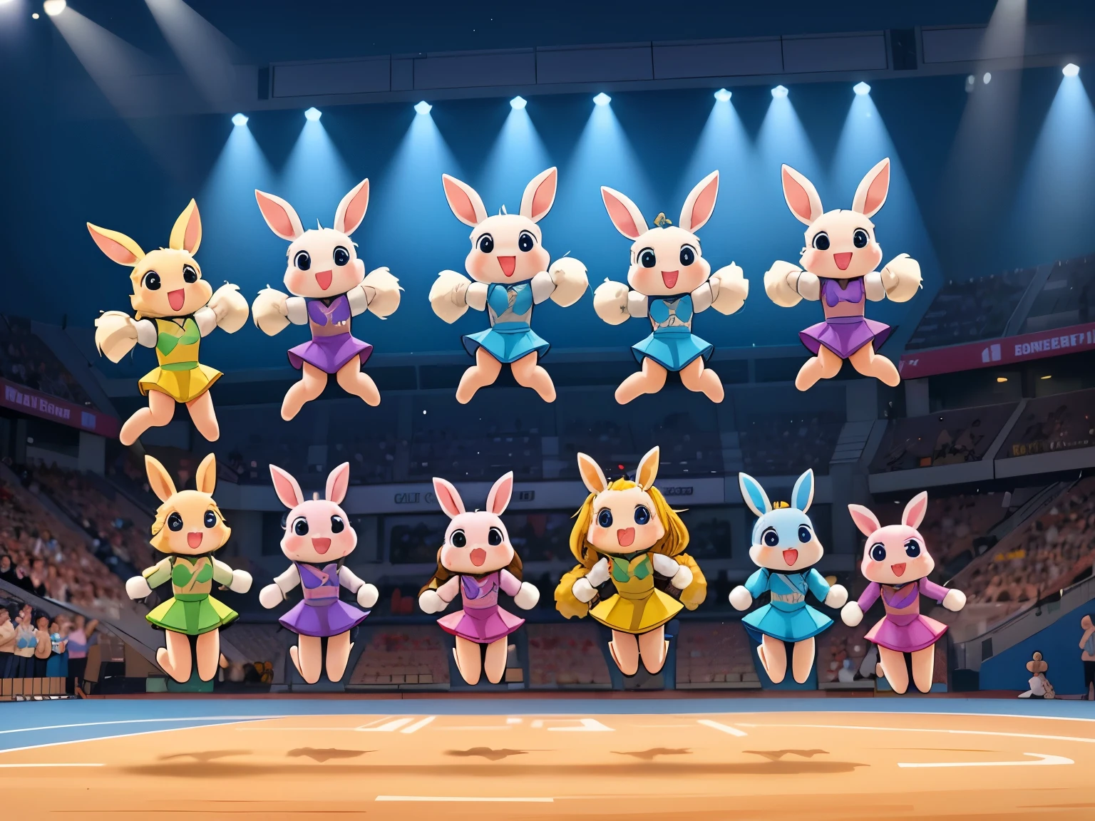 Four rabbits dressed in vibrant cheerleading outfits, jumping and cheering in unison.