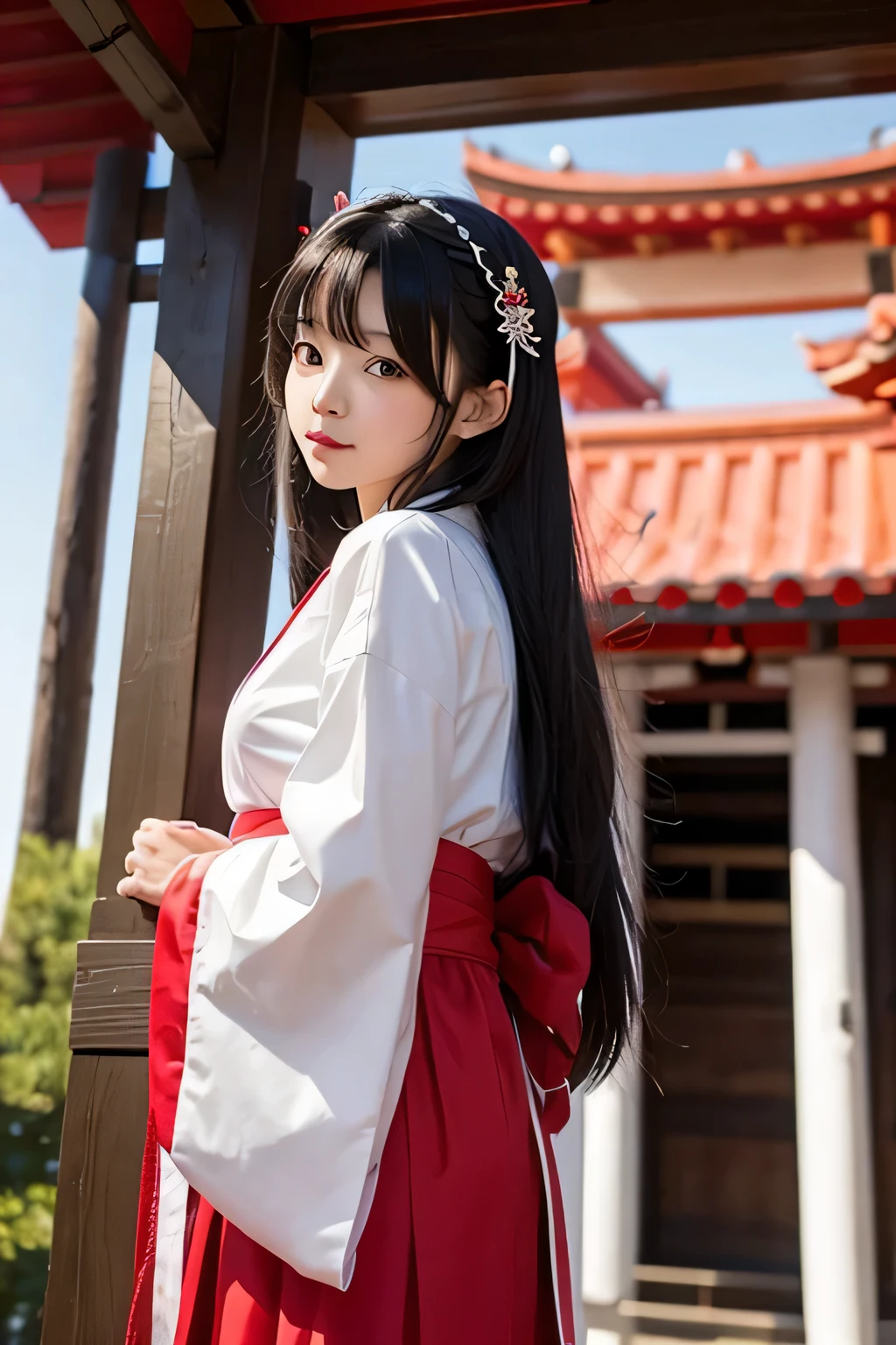white and red shrine maiden clothes、Adult Beautiful Priestess、Black Hair Upstyle、((whole body))、(((photo taken from below)))、shrine