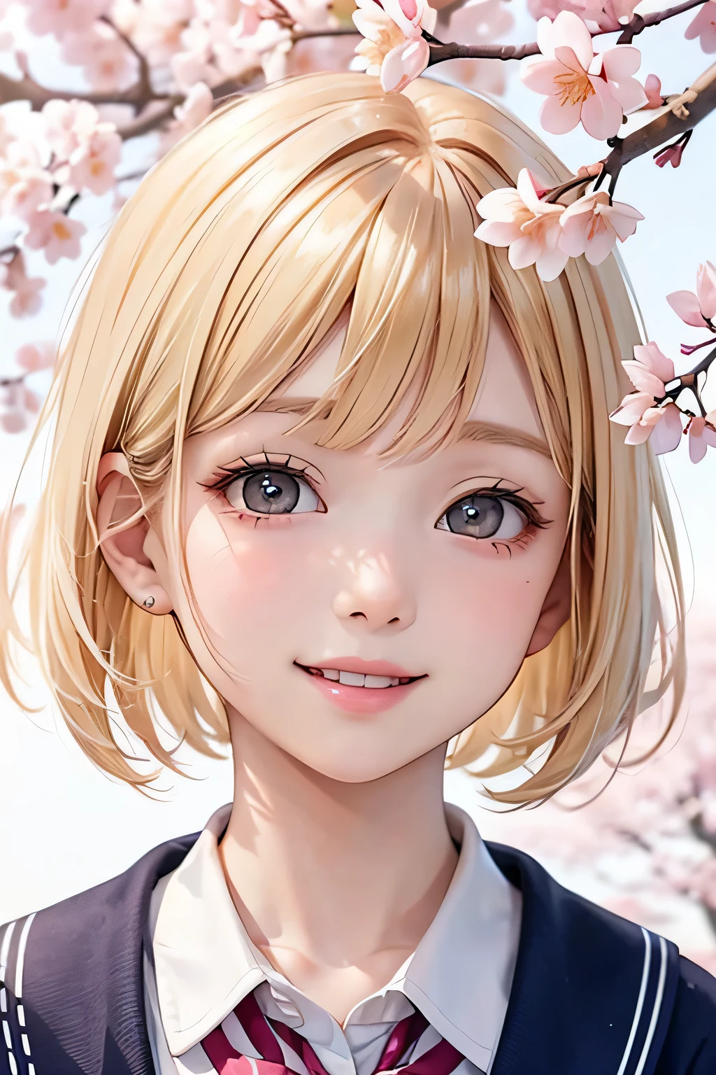 close up of face、blonde、short hair、girl1、school uniform、smile、cherry blossoms、reach out your hand