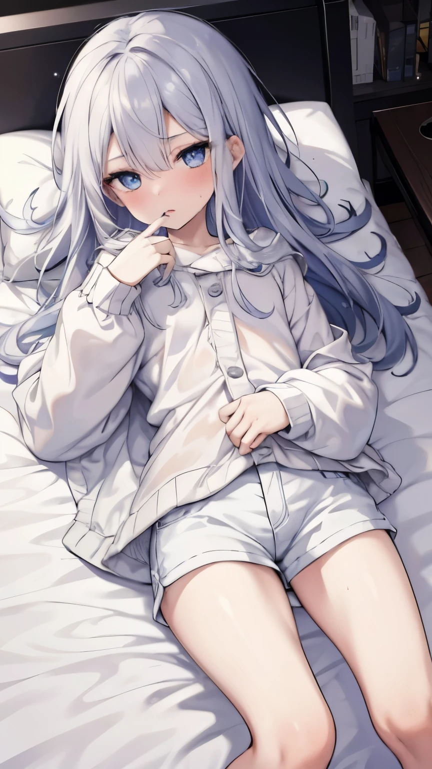 1 girl,Highest image quality,alone,gray hair,like snow white,blue eyes, white skin,Sleepiness,long hair,half sleepy,,wet with water,baby doll,Under pants,On bedding,On your back,lie down,tits,,small