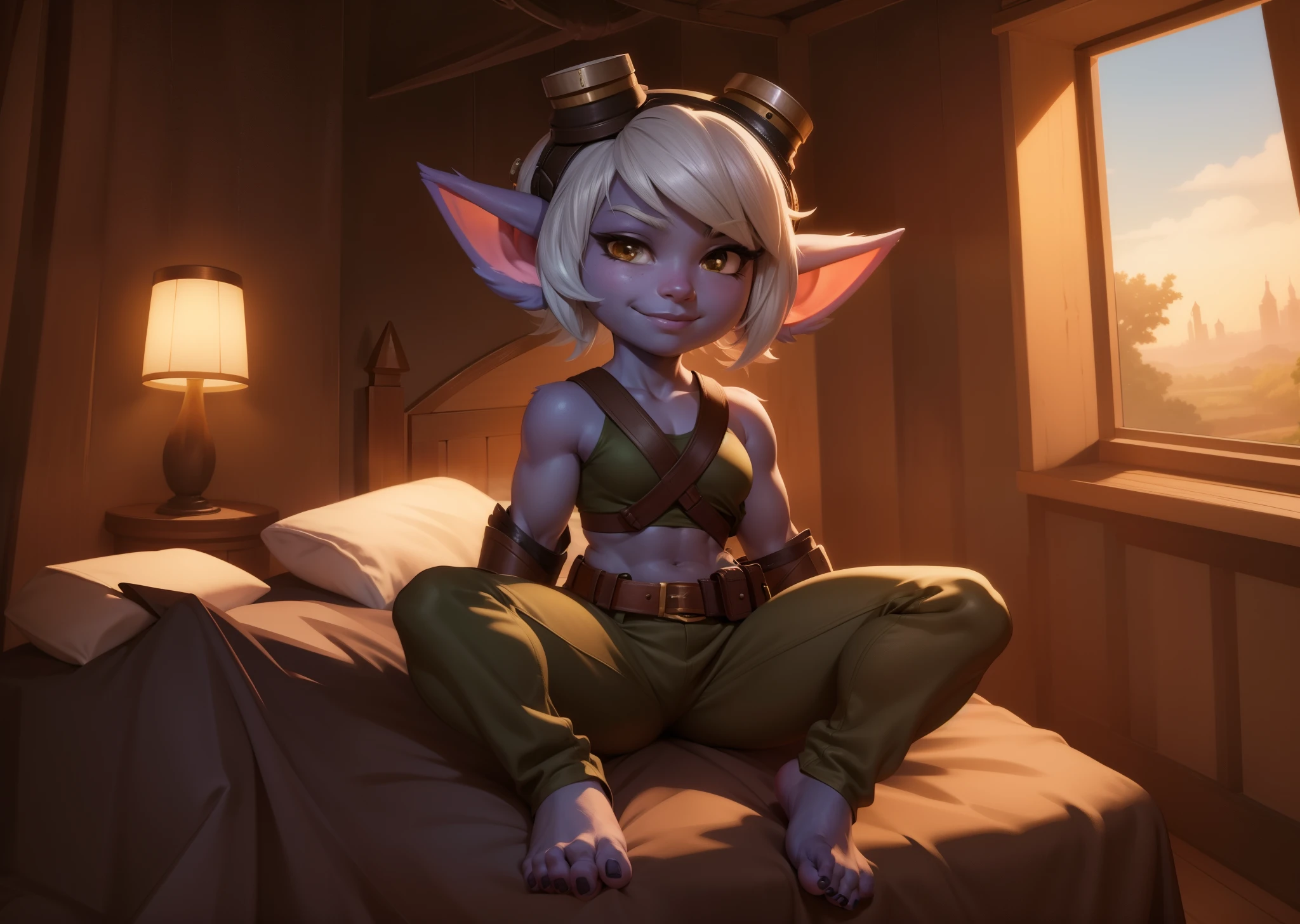 [tristana], [LOL], ((masterpiece)), ((HD)), ((high res)), ((beautiful render art)), ((solo portrait)), ((full body)), ((front view)), ((feet visible)), ((detailed shading)), {(attractive), (short), yordle, (purple skin), (elf ears), (short white hair), (cute brown eyes), (detailed iris), (short eyelashes), (sharp nails), (curvy hips), (detailed abs), (thick thighs), (detailed legs), (beautiful legs), (beautiful feet), (detailed toes), (smug smirk), (excited expression)}, {(green sleeveless shirt), (navel), (tight green pants), (brown belt), (utility belt), (brown gauntlets), (fingerless gloves), (toeless socks), (goggles on head)}, {(laying on bed), (legs spread open), (spreading toes), (looking at viewer)}, [background; (bedroom), (window), (forest), (blue sky), (sun rays), (ambient lighting)]