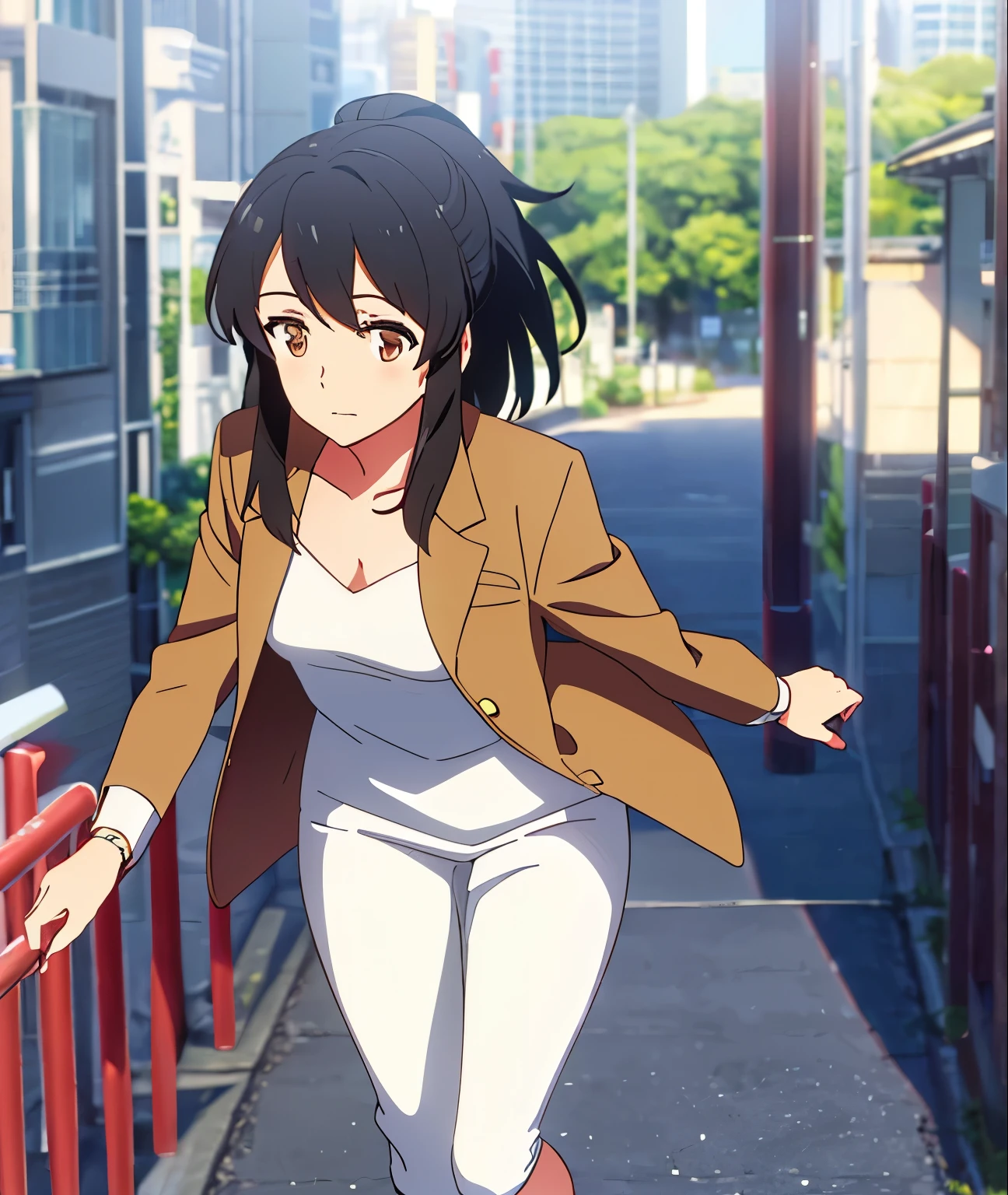 Female, running away, panic, messy black hair with leafs stuck in it, brown eyes, white dress, brown jacket, nice hips, perfect hands, high quality, masterpiece,mitsuha miyamizu, black hair, (brown eyes:1.5), mature woman, tokyo, city, street