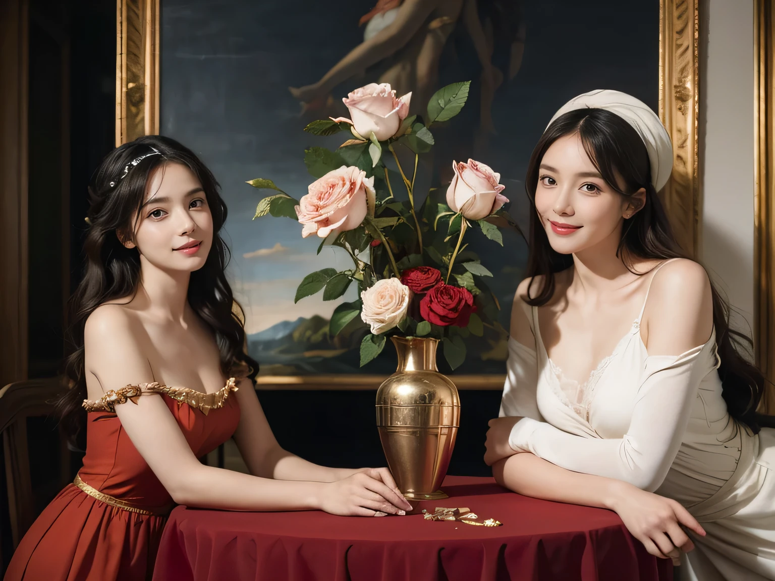 Giorgione painting style,Arguments of two female Philosophe,math、astronomical machine、astronaut、roses in vase、fruits、Cute trinkets、smile、ancient greek costume、Ancient Roman landscape in the style of Nicolas Poussin,laughter,,Sweet and seductive appearance.、Caravaggio's paintings、Chiaroscuro of Caravaggio、hair tousled by the wind,Two women frolicking,cute smile, expression of ecstasy,Sexy,erotic