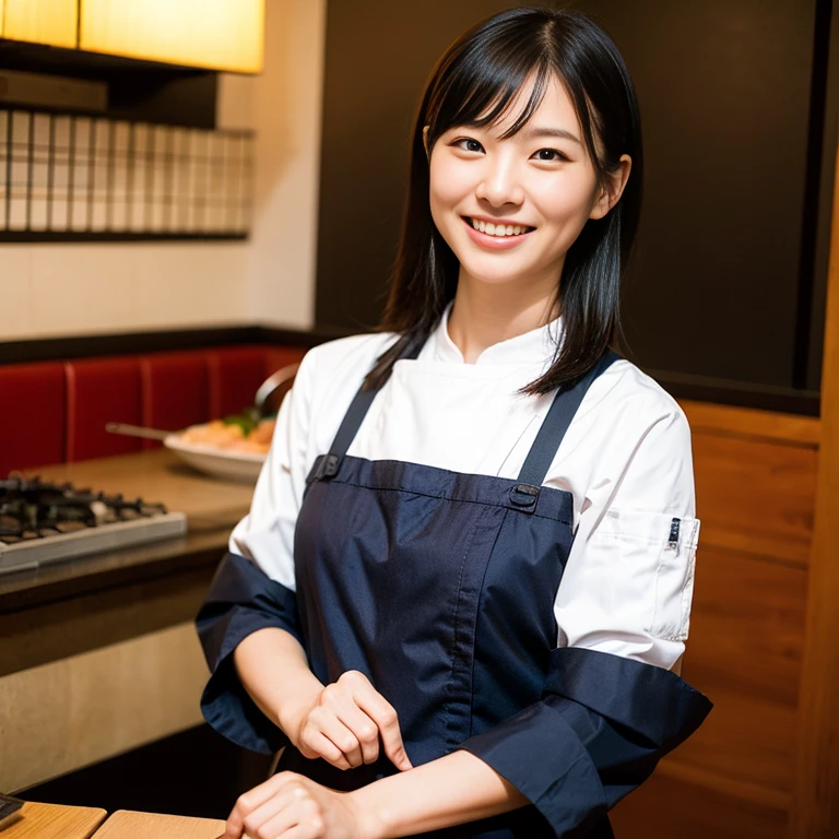 Japanese woman in her 30s,dressed as a Japanese chef,laughter,Guide to a sushi restaurant,Recruiting members,