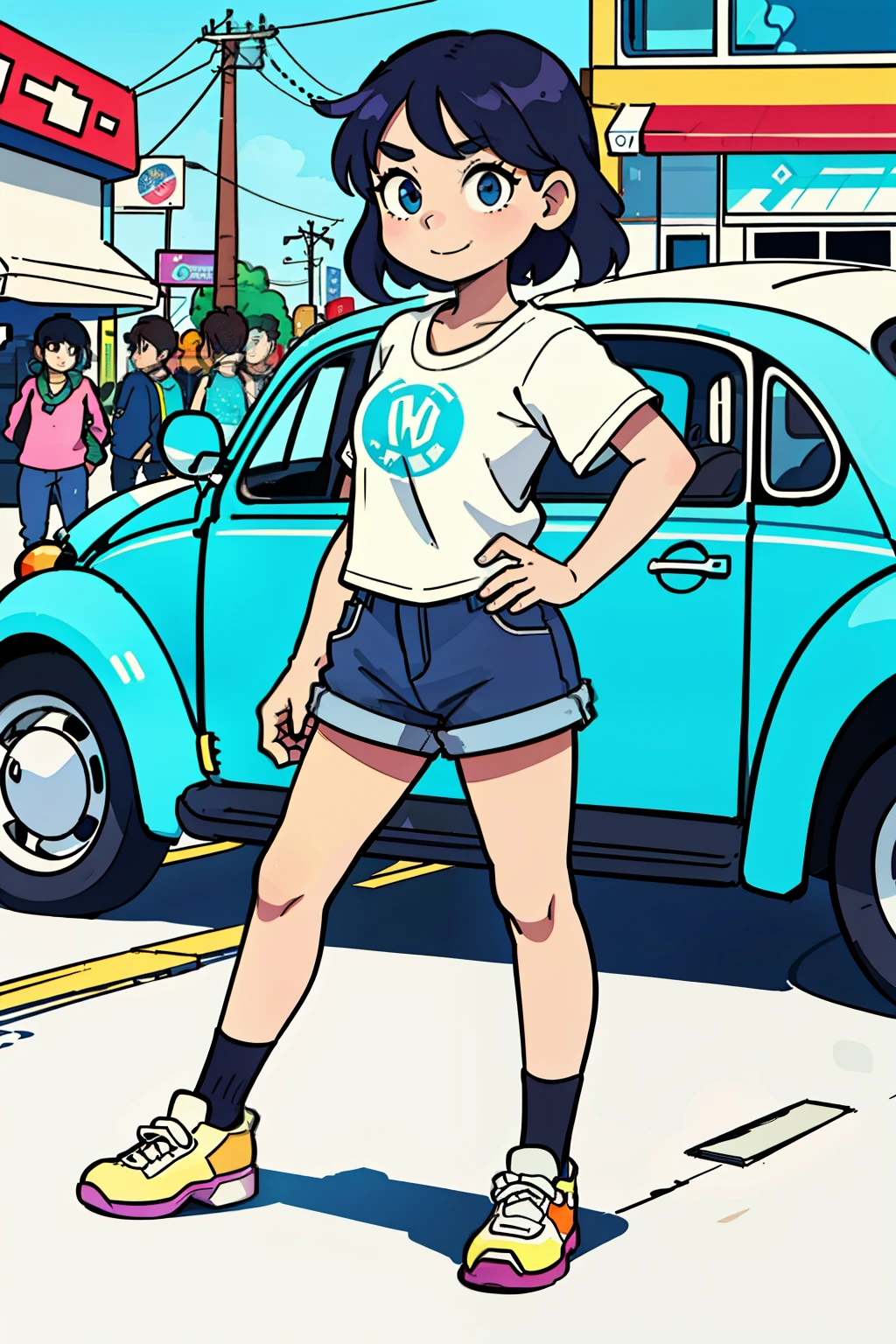 A girl in 8-bit pixel art style, situated at a Seven-Eleven store, is depicted in an anime-influenced, colorful animation still. She stands next to a vintage Volkswagen Beetle, with a side view perspective --aspect ratio 3:4-- and a rendering version of 6.0. The vibrant scene exudes a playful and nostalgic vibe, fitting for a 2D, 90s-inspired aesthetic. The girl, with big, expressive eyes and a cheerful expression, adds to the lively atmosphere of the scene. The Volkswagen Beetle, with its iconic round shape, further enhances the
