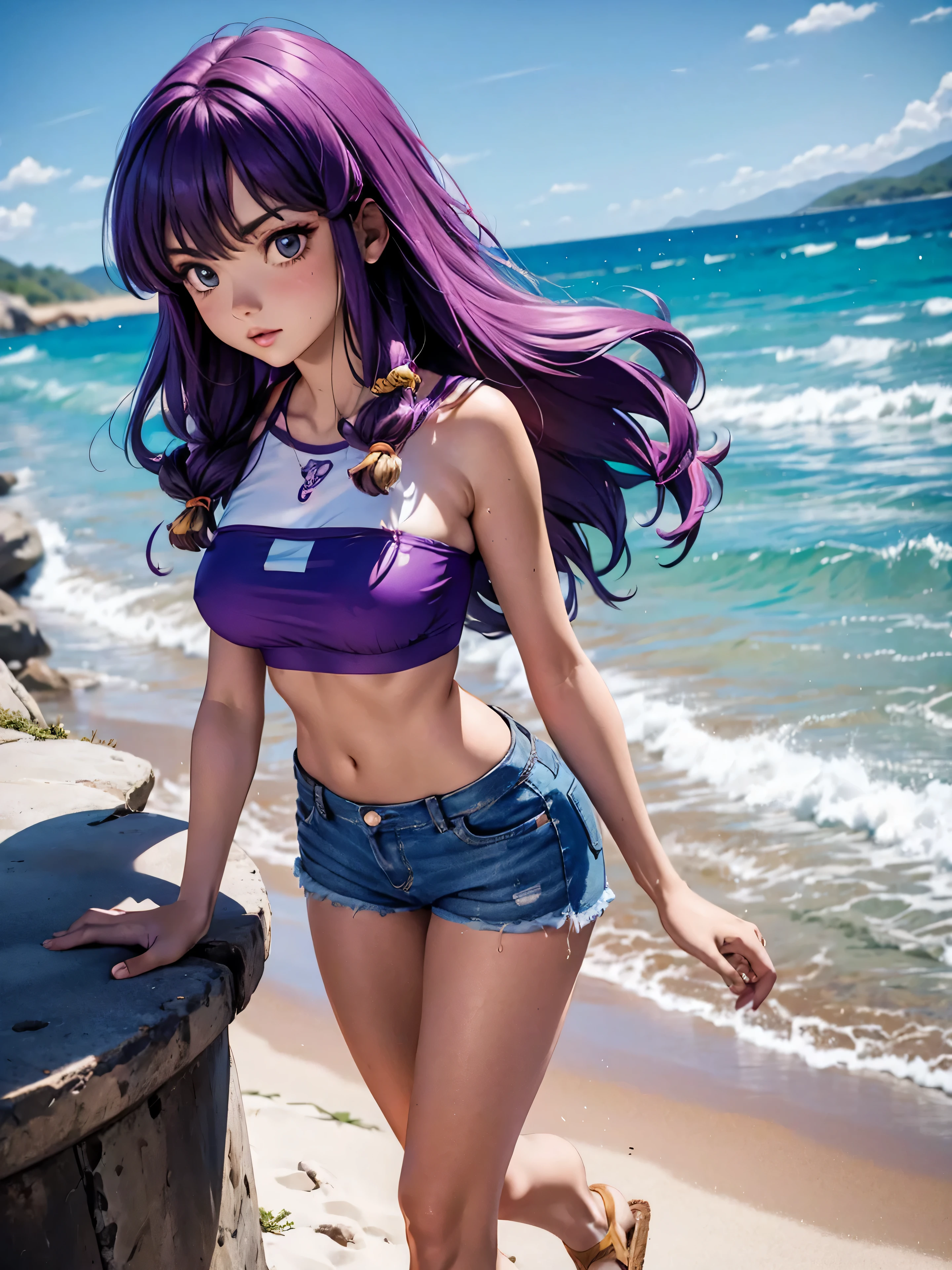 Anime cabelo purple com short jeans e blusa rosa brilhante, *******, corpo bonito, seios grandes, com as hands on chest, hands on chest, Garota sexy, purple cabelo, mechas de cabelo laterais, mechas de cabelo na lateral do rosto, beautiful lighting, sombras suaves, olhos azuis, pernas bonitas, cabelo longo purple, estilo anime, personagem Shampoo Chan, Autora Rumiko Takahashi, Baseado em obra de Rumiko Takahashi, Anime Ranma 1/ 2, decote sexy, quadril robusto, corpo inteiro, corpo inteiro, busto grande, garota jovem com corpo belo e bonito, sandals on his feet, garota ******* jovem baixa estatura, usando short jeans e blusa rosa brilhante, garota anime, estilo anime, beautiful feet in sandals, 45° viewing angle, ao ar livre, peito grande, seios bonitos, cabelo purple, sandals on the feet, pernas bonitas, andando sobre areia da praia