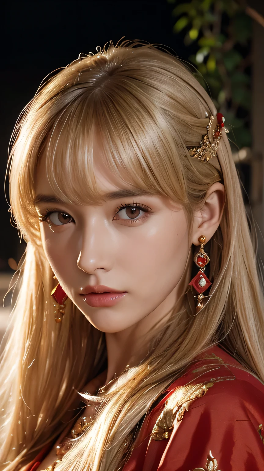Blonde long-haired woman, bangs、black eye, royalty, (lightブルーと黄色のドレス), red jewelry, red earrings, moon, Noble, lady, high quality, very detailed, detailed face, masterpiece, city, garden, flowers, light