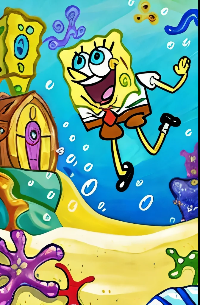 best quality, realistic, vibrant colors, detailed drawing, iconic character, SpongeBob SquarePants, underwater scene, pineapple house, cheerful and playful expression, bright blue sky, crystal-clear water, sandy beach, cartoon style, ocean waves, bubbly atmosphere, tropical fishes, happy and lively atmosphere, dynamic composition, vivid and dynamic pose, lively animation style, recognizable cartoon character, fun and adventurous narrative, humorous and quirky elements, Asian, ultra realistic