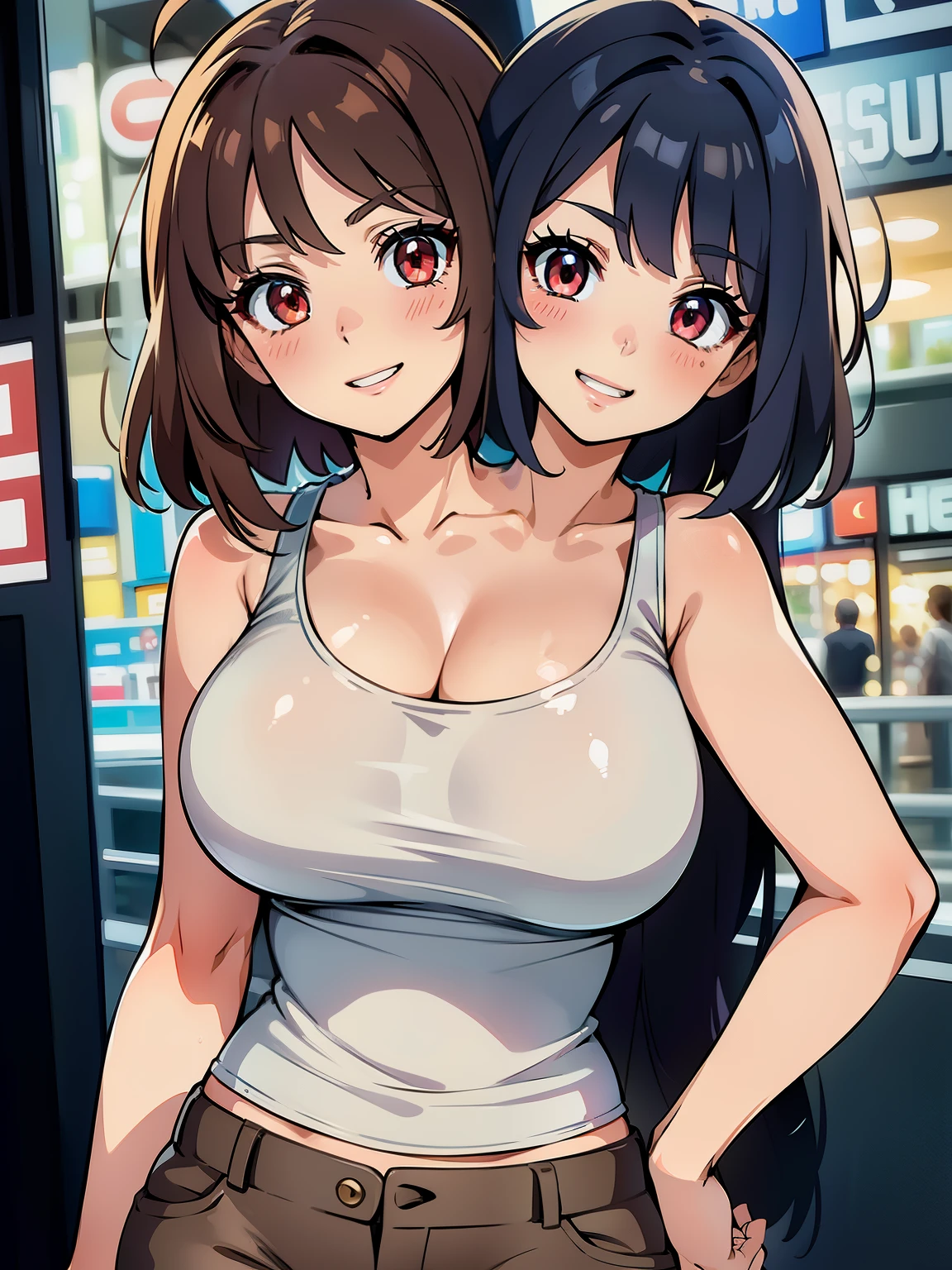 (masterpiece),(ultra-detailed), (high quality), (high resolution), (best quality:1.5, highres, UHD), highres, absurdo, ultra detail, ultra quality, Ultra resolution, 16k, ((2heads:1.5)), 1girl, black hair), white tank top, casual wear, city background, smiling, shopping mall, teenage girl, vibrant lighting, brown pants, blushing, anime girl with two heads, red eyes, blue eyes