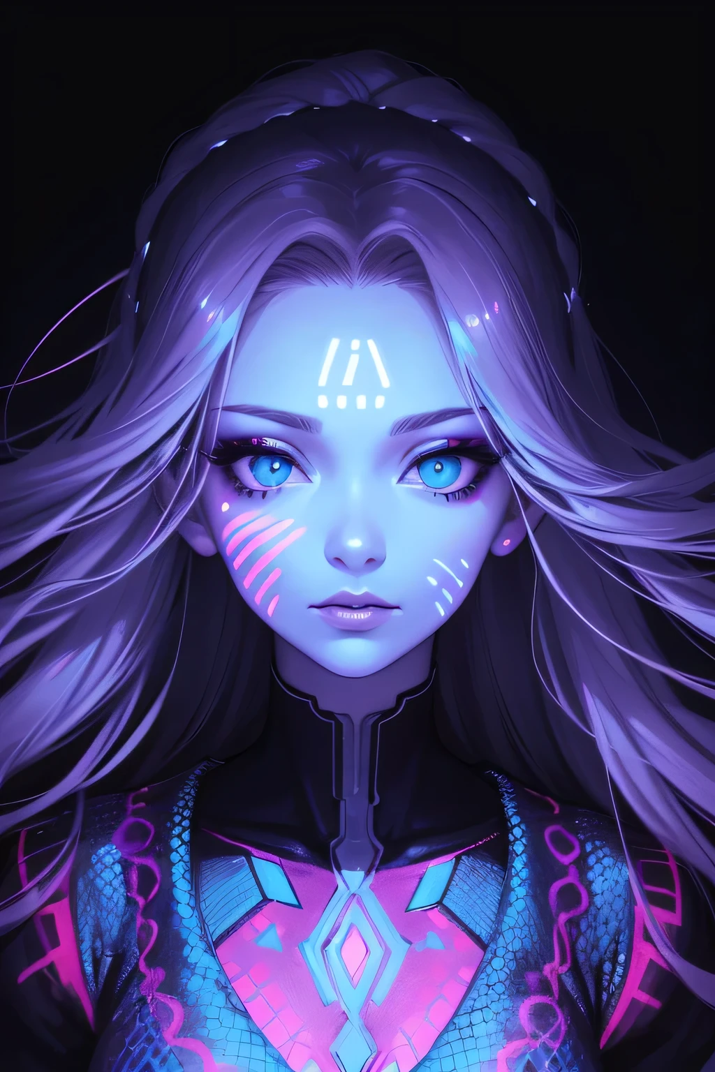 Medusa, snakes for hair. scales on body, In this black light art illustration、Neon colors and other bright light effects.,Emitting bursts of faint fluorescence。 extremely soft under the black light,Eyes sparkle with wisdom,The visual impact and color saturation brought by black light art are unforgettable,(blacklight UV:1.8), (Anatomically correct and precise facial structure, detailed facial depiction, and delicate facial features), Blacklight Neon Trippy Psytrance Blacklight UV, blacklight makeup