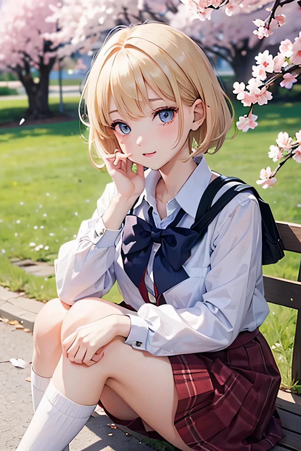 close up of face、blonde、short hair、girl1、school uniform、spring、cherry blossoms、knees