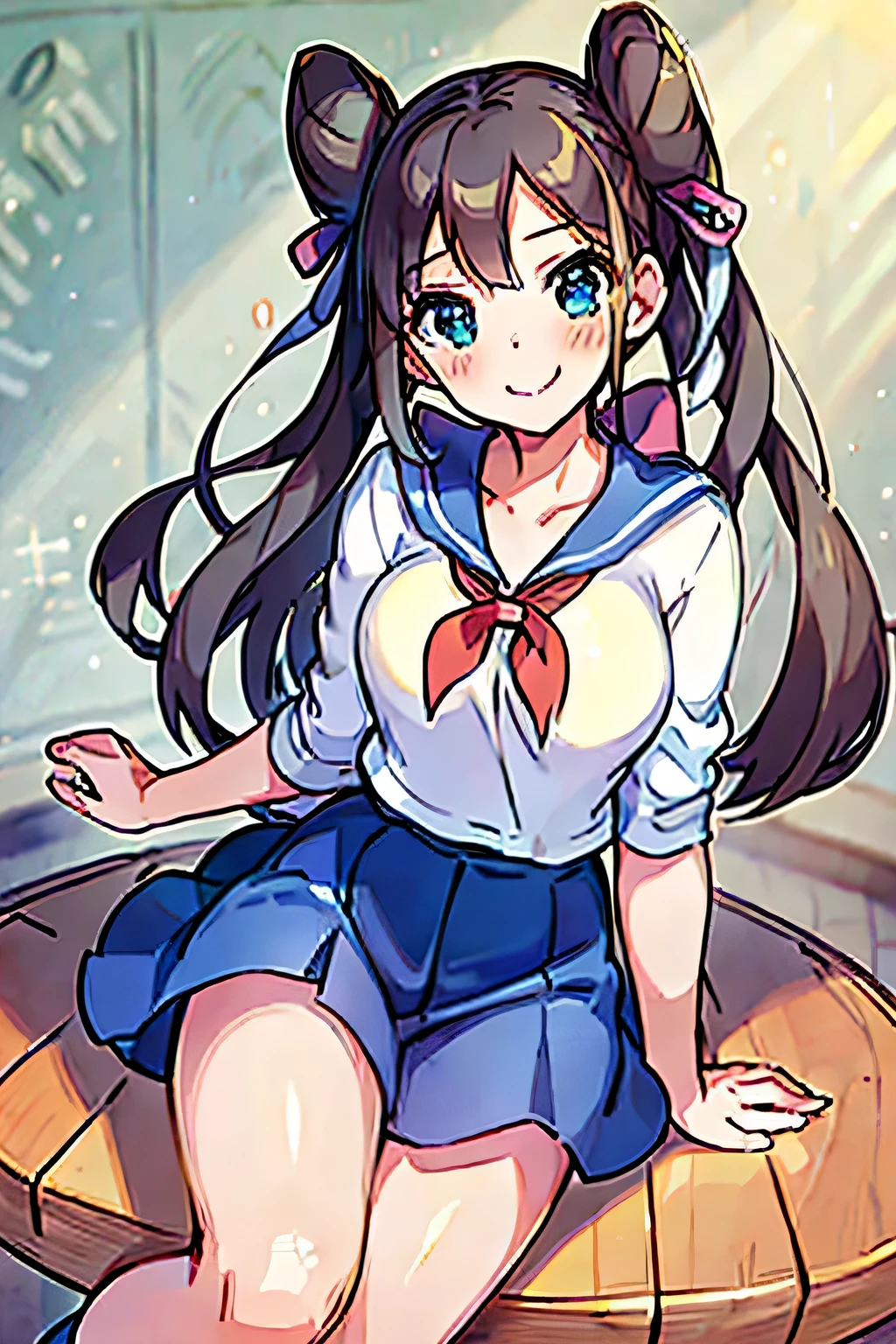 masterpiece, highest quality, High resolution, hmarisu, long hair, hair ribbon, blue bow, serafuku, sailor collar, white shirt, skirt, classroom, sitting, smile