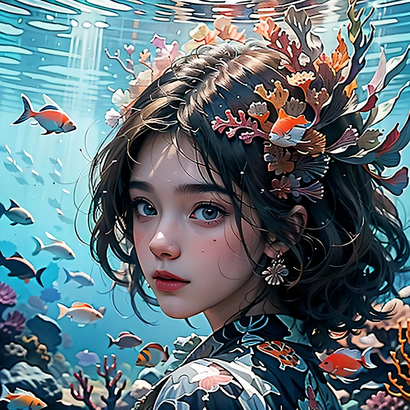 ModelShoot style, (Extremely detailed Cg Unity 8K wallpaper), A chaotic storm of intricate liquid smoke in the head, Stylized abstract portrait of beautiful girl, wetted skin,Koi，Beautiful koi，Flocks of koi,carp，Strange shaped corals，ocean floor，Beautiful coral reef in the background，Rochas,Marine life，colorful coral reef,Decorate with coral reefs,author：Petros Afshar, ross tran, tom whalen, Peter Mohrbacher, Art germ, ((bubbly underwater scenery)) Radiant light octane rendering is highly detailed, inspired by Yanjun Cheng, Beautiful digital artwork, Guviz-style artwork, 8K highly detailed digital art, Beautiful digital illustration, Cute detailed digital art, stunning digital illustration, A beautiful artwork illustration, Exquisite digital illustration,8K detailed digital art,