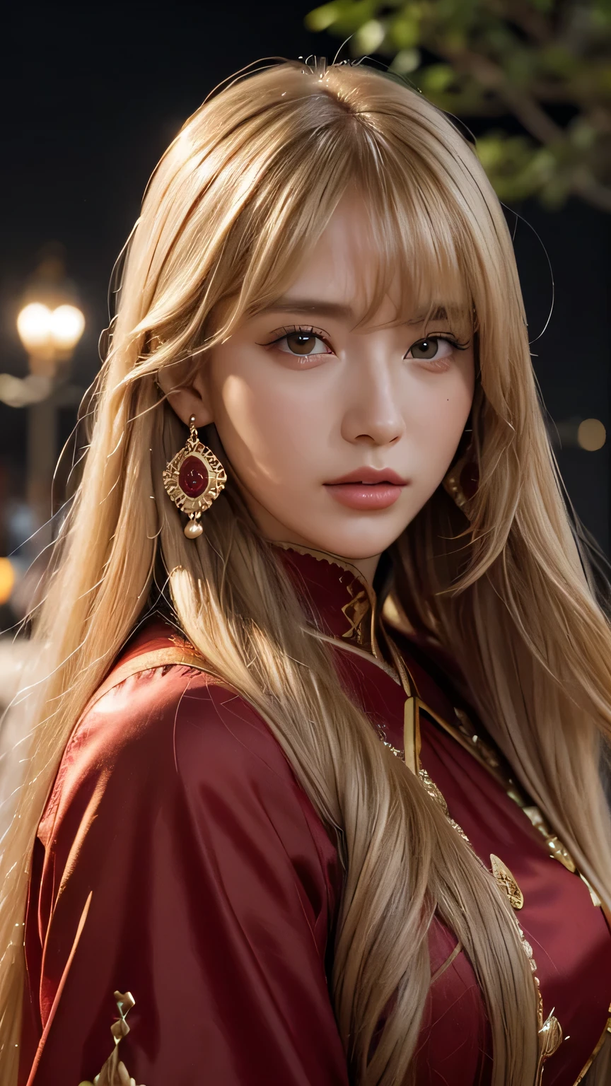 Blonde long-haired woman, bangs､black eye, royalty, (((lightブルーのドレス))), red jewelry, red earrings, moon, Noble, lady, high quality, very detailed, detailed face, masterpiece, city, garden, flowers, light