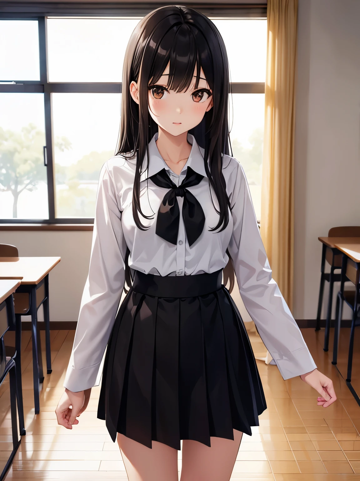 best quality, Japanese、brown eyes、Slender、tall、8k、girl, highres,black hair、long hair、classroom、uniform、white blouse、black skirt、standing position、facing left