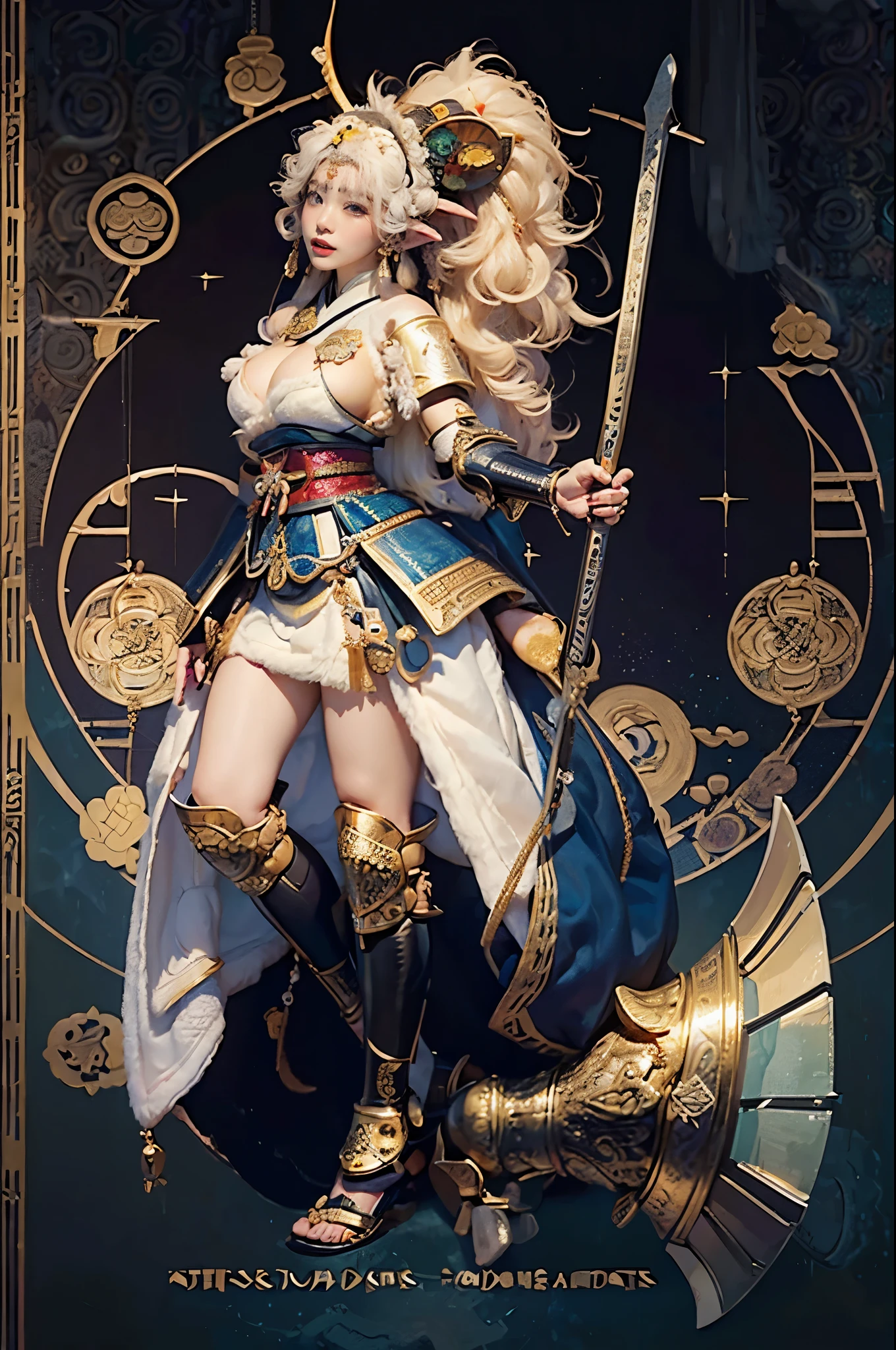 masterpiece,highest quality,ultra high resolution,(one woman:1.5),(25 years old:1.2),stupid solution, Super detailed,(realistic:1.4,),(Twelve gods will:1.4),(bright mandala background:1.5),(Japanese god:1.5 ),(medieval japanese armor:1.5),(sheep horn:1.5),(God's Clothing:1.4),(big fluffy earrings:1.5),(divine accessories:1.4),(big breasts:1.4),(long hair:1.4),(curly hair),(hold a large ax upside down:1.4)