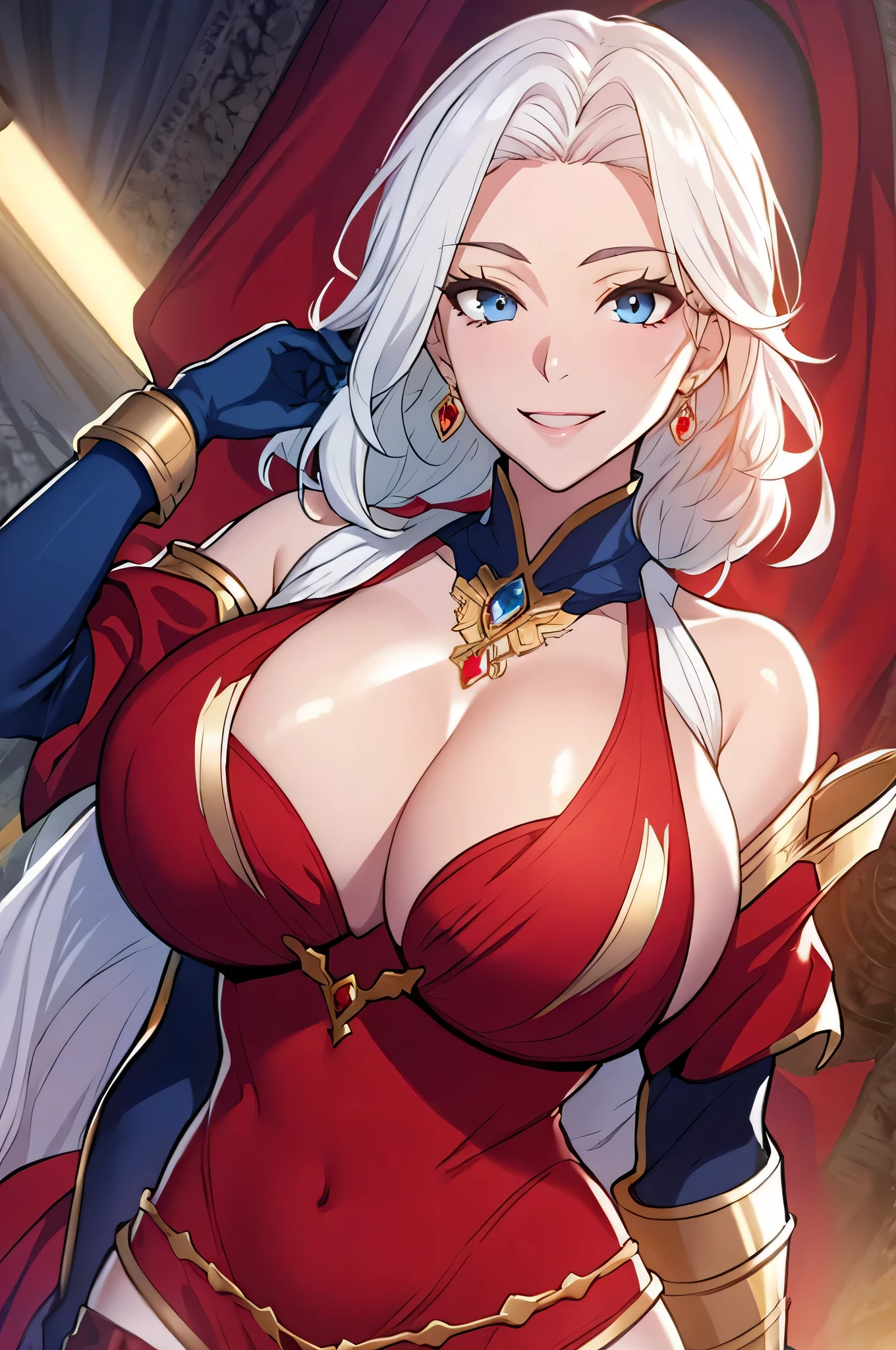 Lian, long white hair, hair stick, bangs, blue eyes, solo, smiling, standing, upper body, hips, bare shoulders,purple thighhighs, red dress, gold jewelry,armor,gloves,circlet, cleavage, red and gold royal castle, gigantic breasts, (best quality, masterpiece, beautiful and aesthetic:1.2, highest detailed face, perfect face,) eyes, perfect face,expressive eyes,
looking at viewer, in the center of the image,(Upper_body),(Focus on her face),
official art,extremely detailed CG unity 8k wallpaper, perfect lighting,Colorful, Bright_Front_face_Lighting,shiny skin,
(masterpiece:1.0),(best_quality:1.0), ultra high res,4K,ultra-detailed