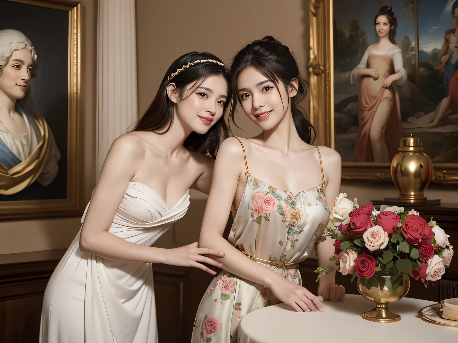 Jacques-Louis David painting style,Arguments of two female Philosophe,ath、astronomical machine、astronaut、roses in vase、fruits、Cute trinkets、smile、ancient greek costume、Clothes that stretch your shoulders、A big smile、beautiful bare skin、A detailed representation of the seducing woman throughout her body.