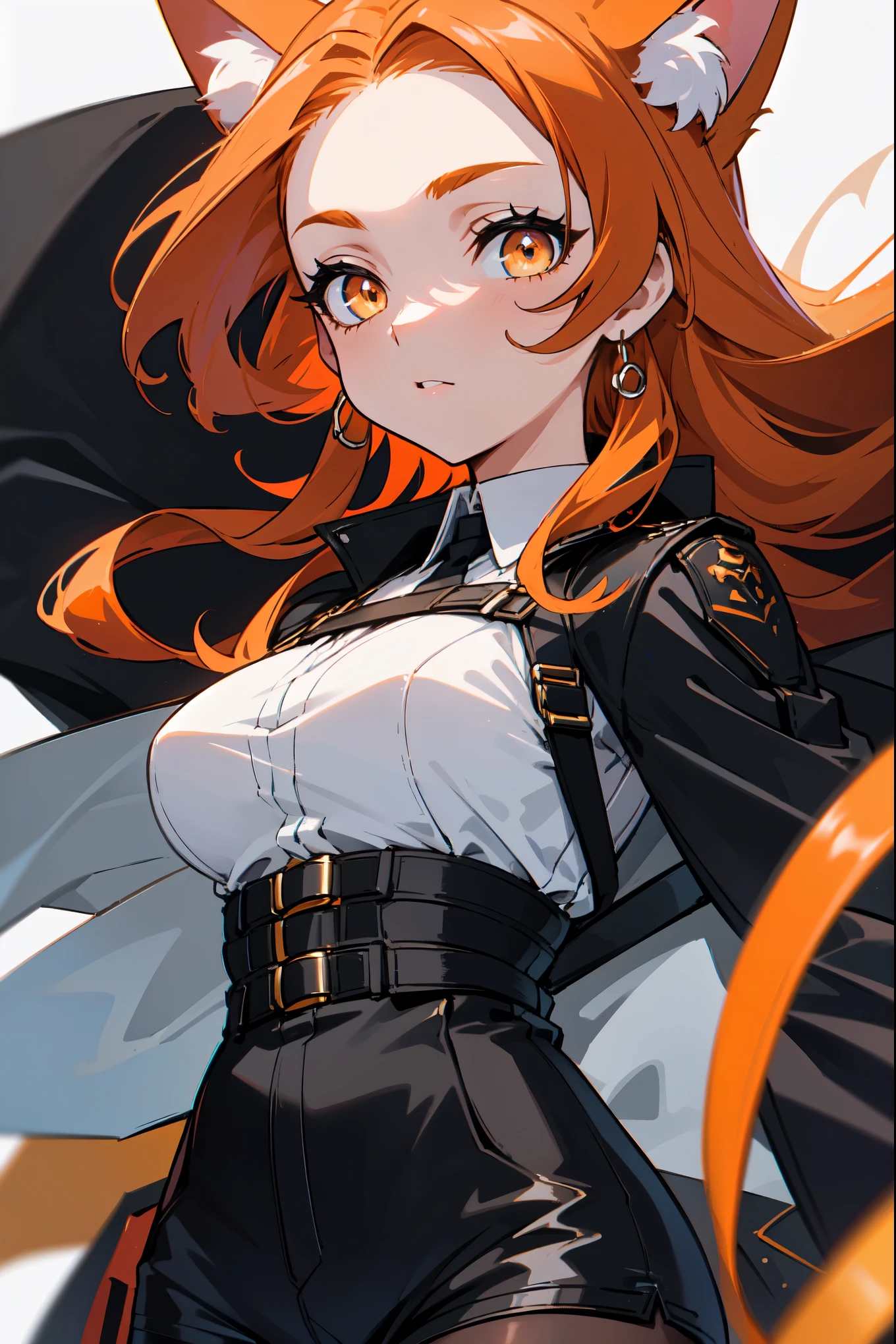 1girl, woman, solo, long hair, big hair, orange hair, cat ears, (forehead:1.2), yellow eyes, medium breasts, orange hair, (overcoat, black coat, open coat:1.2), white shirt, collared shirt, (chest harness, shoulder strap:1.15), black leather shorts, garter belt, gloves, ((from below)), elegant, looking at viewer, standing, chromatic aberration, (close-up to face:1.2), face only masterpiece, best quality, 4k