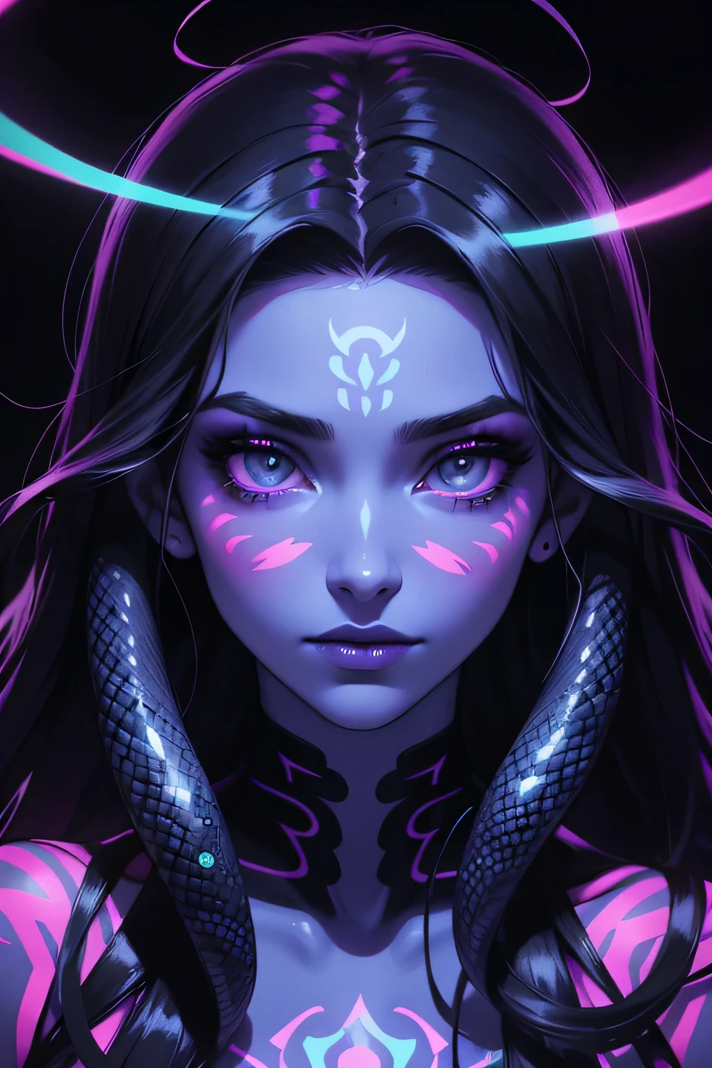 Medusa, snakes for hair. scales on body, In this black light art illustration、Neon colors and other bright light effects.,Emitting bursts of faint fluorescence。 extremely soft under the black light,Eyes sparkle with wisdom,The visual impact and color saturation brought by black light art are unforgettable,(blacklight UV:1.8), (Anatomically correct and precise facial structure, detailed facial depiction, and delicate facial features), Blacklight Neon Trippy Psytrance Blacklight UV, blacklight makeup