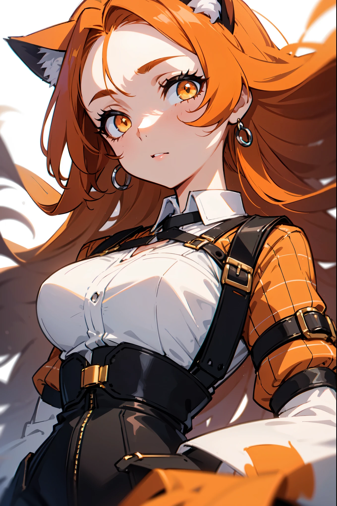 1girl, woman, solo, long hair, big hair, orange hair, cat ears, (forehead:1.2), yellow eyes, medium breasts, orange hair, (overcoat, black coat, open coat:1.2), white shirt, collared shirt, (chest harness, shoulder strap:1.15), black leather shorts, garter belt, gloves, ((from below)), elegant, looking at viewer, standing, chromatic aberration, (close-up to face:1.2), face only masterpiece, best quality, 4k